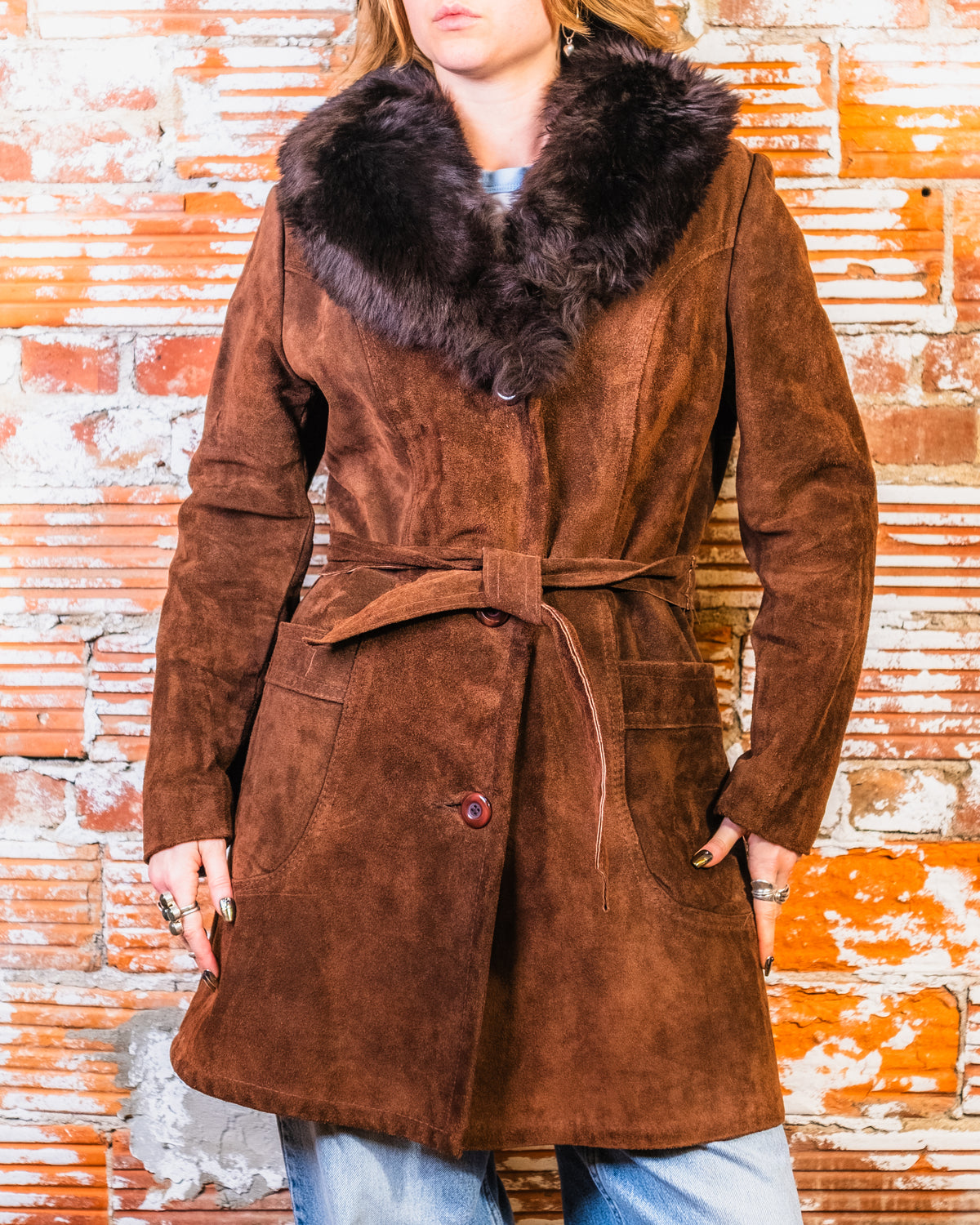 Vintage 1970s-80s Brown Suede with Faux Fur Collar Belted Overcoat | 17/18