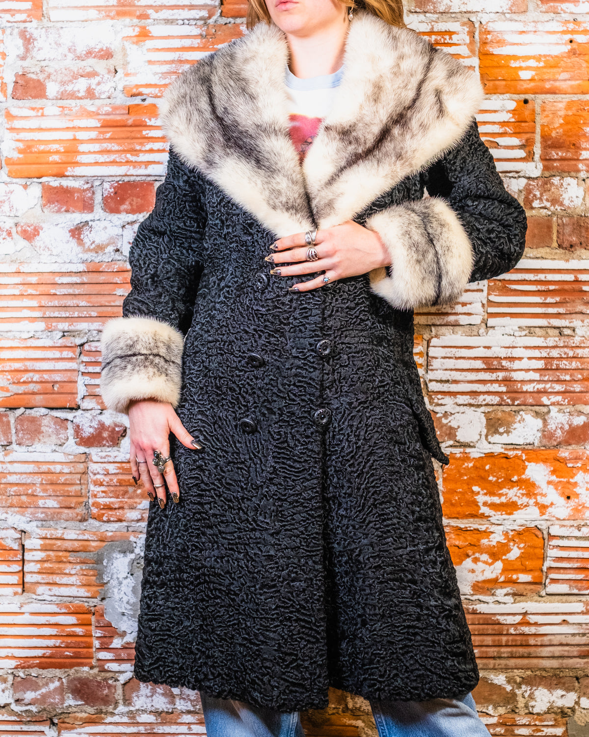 Vintage 1970s-80s Rosendorf/Evans Black Persian Curly Wool with Mink Collar and Cuff Double Breasted Jacket