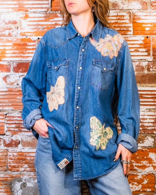 Vintage Ralph Lauren Denim Butterfly Patch Pearl Snap Button Up | XL