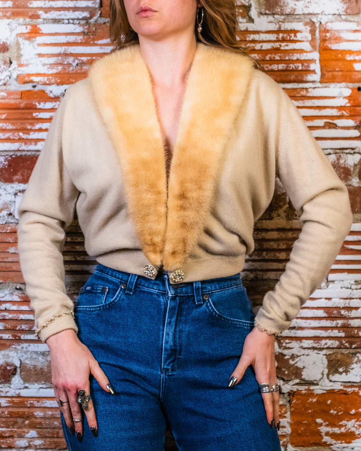 Vintage 1950s Cashmere Cardigan with Lace Liner, Jewels, and Removable Mink Fur Collar