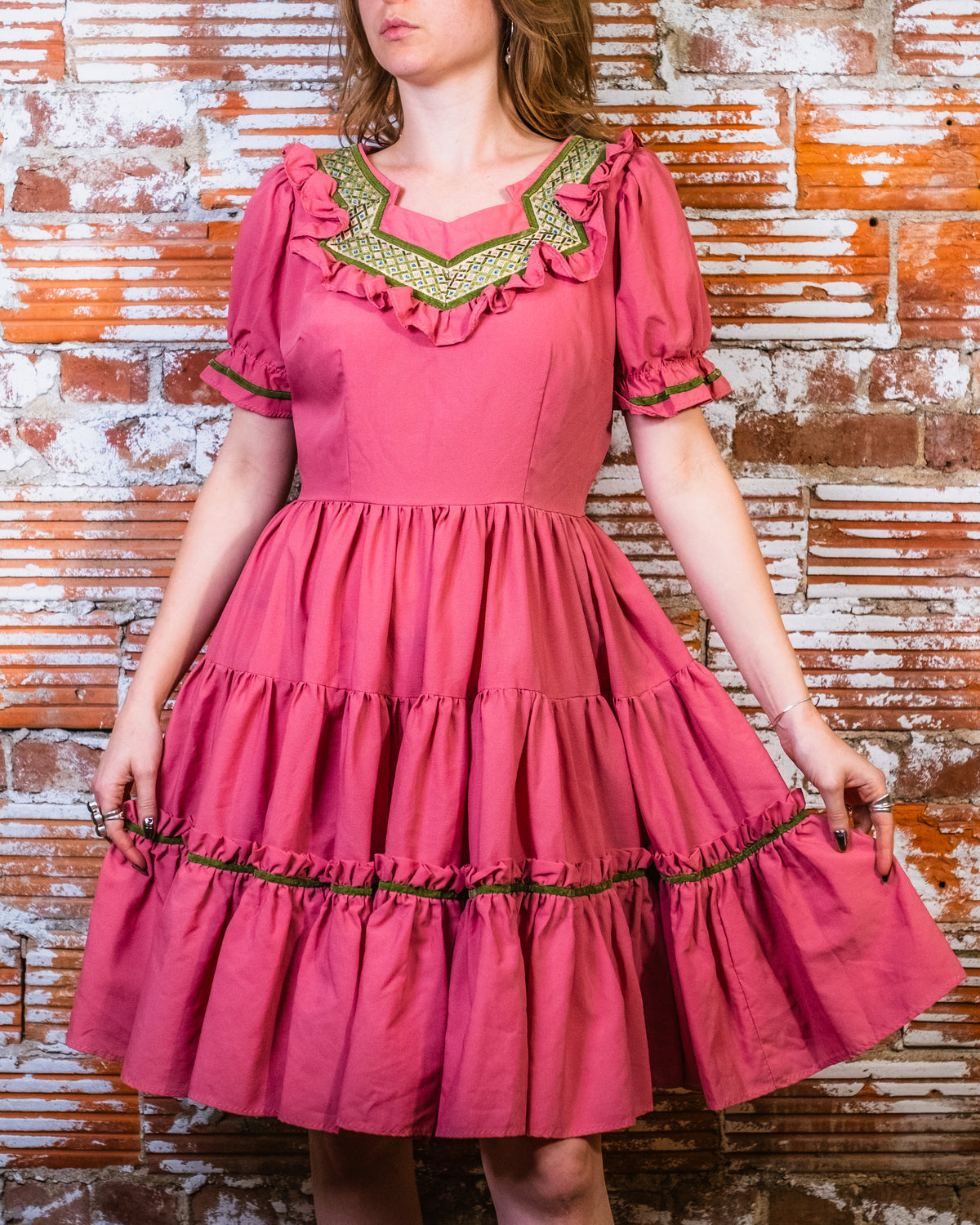 Vintage 1960s-1970s B-Bar-B Pink and Green Square Dancing Dress