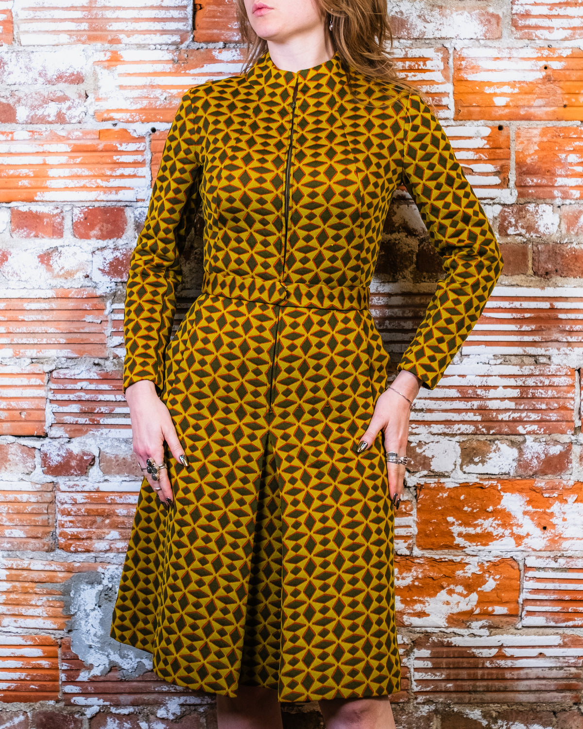 Vintage 1960s-70s Handmade Vogue Couturier Design Pattern Green and Red Diamond Pattern Belted Dress