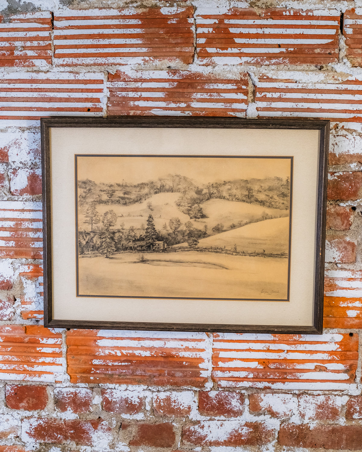 Vintage Framed & Signed Homestead Farm Scene Pencil Drawing