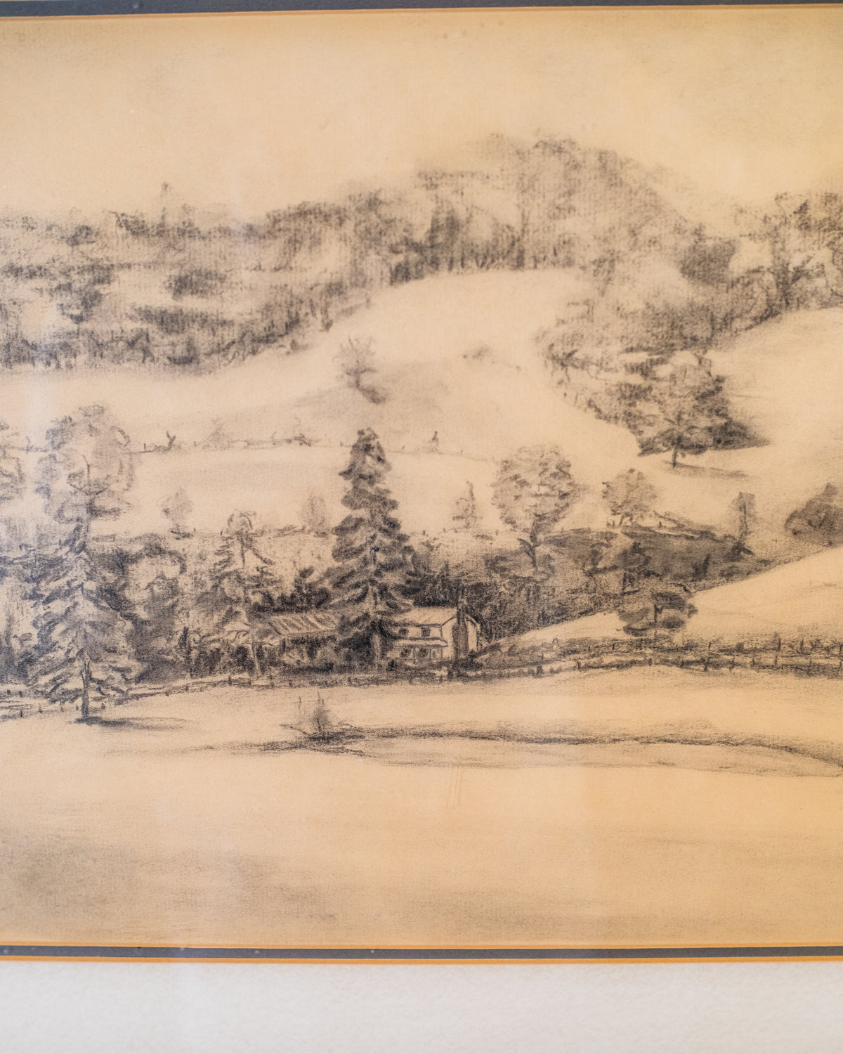 Vintage Framed & Signed Homestead Farm Scene Pencil Drawing