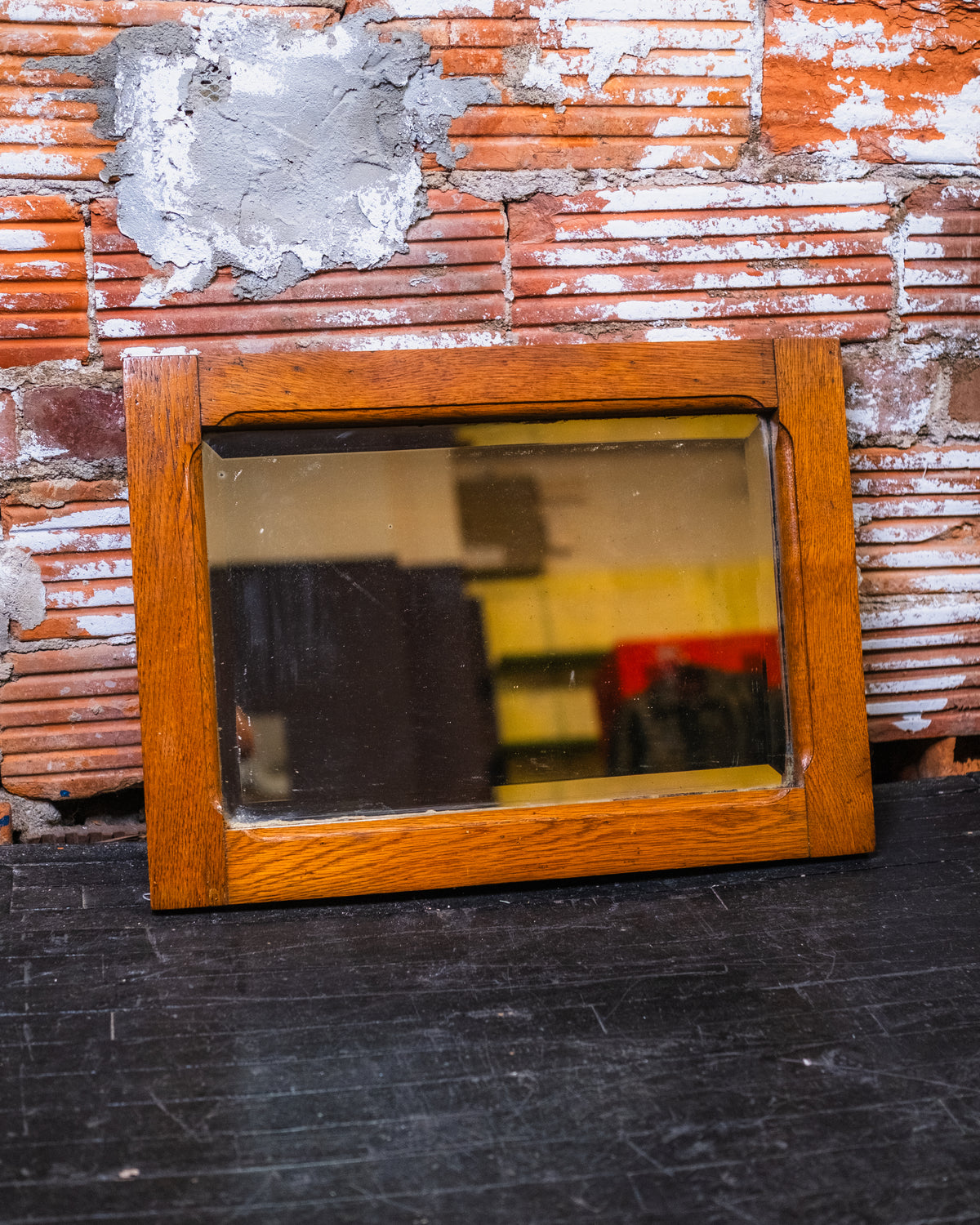 Antique Rectangular Light Oak Framed Beveled Glass Wall Mirror
