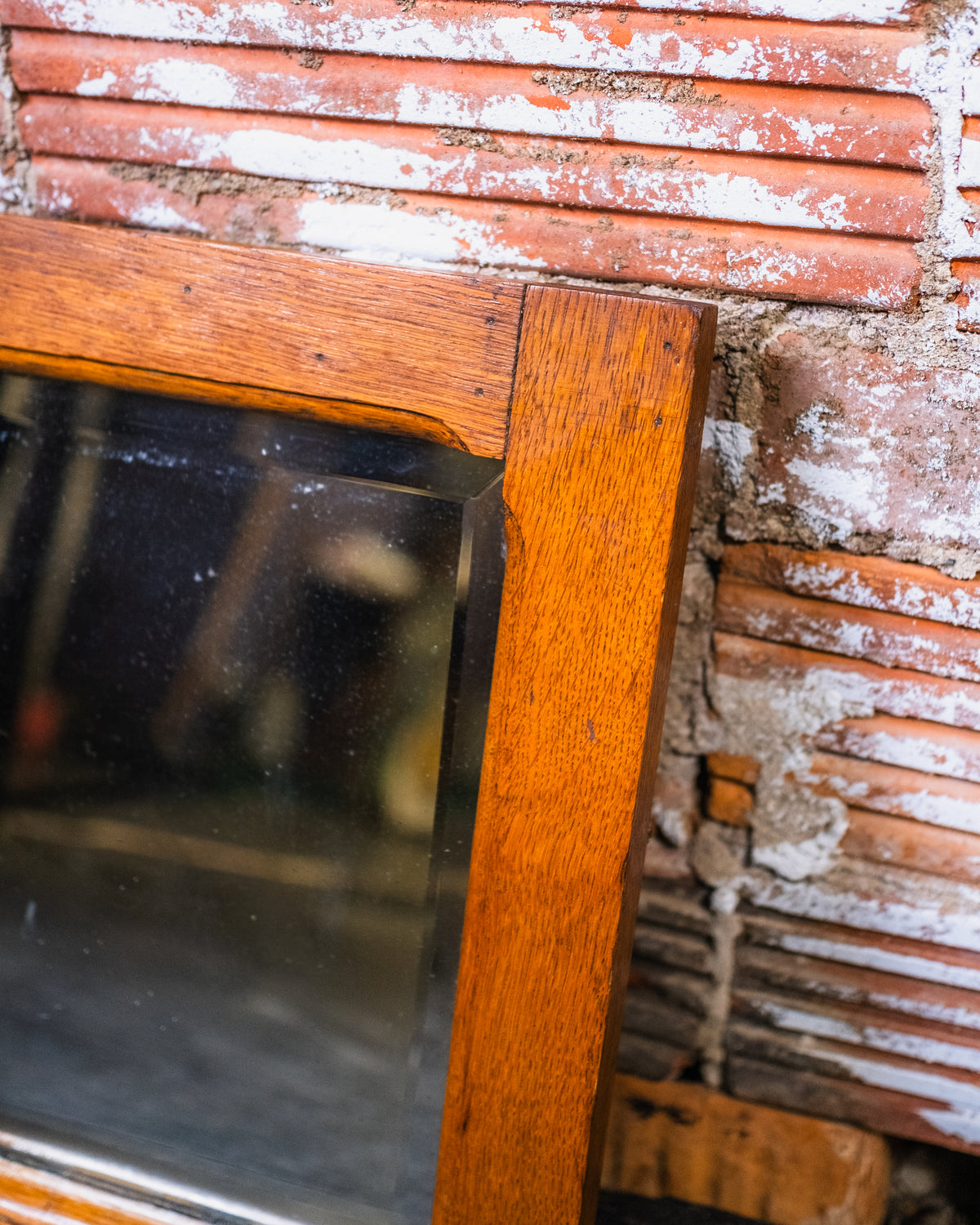 Antique Rectangular Light Oak Framed Beveled Glass Wall Mirror