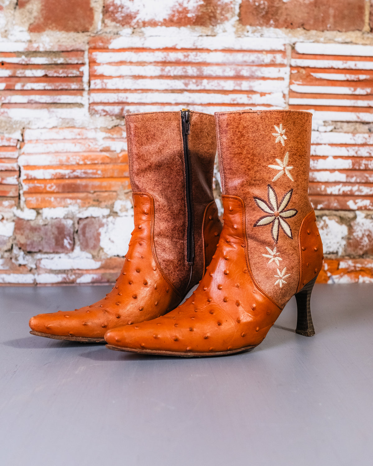 Vintage 1960's/70's Brown Cowhide & Ostrich Leather Floral Heeled Boots