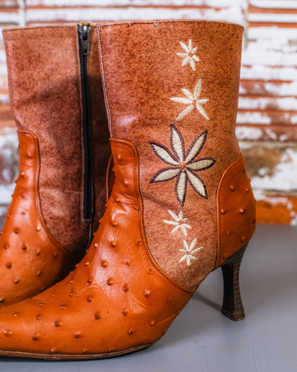 Vintage 1960's/70's Brown Cowhide & Ostrich Leather Floral Heeled Boots