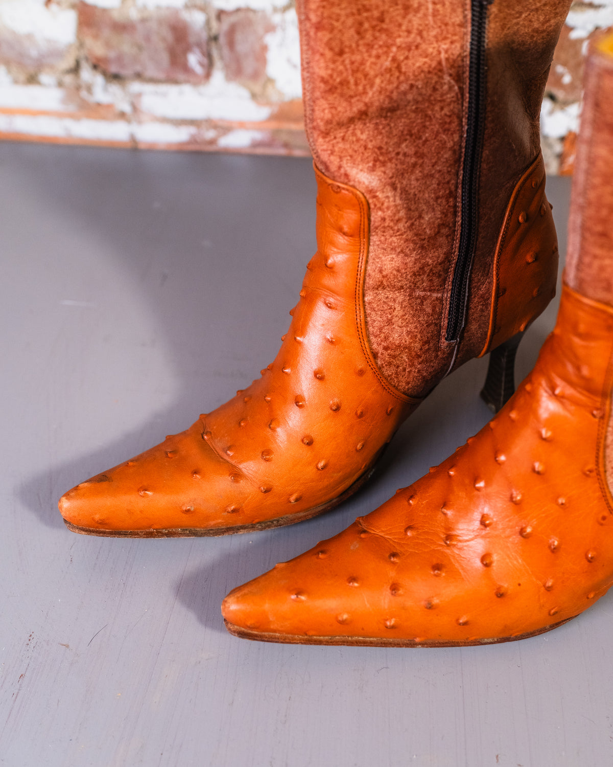 Vintage 1960's/70's Brown Cowhide & Ostrich Leather Floral Heeled Boots