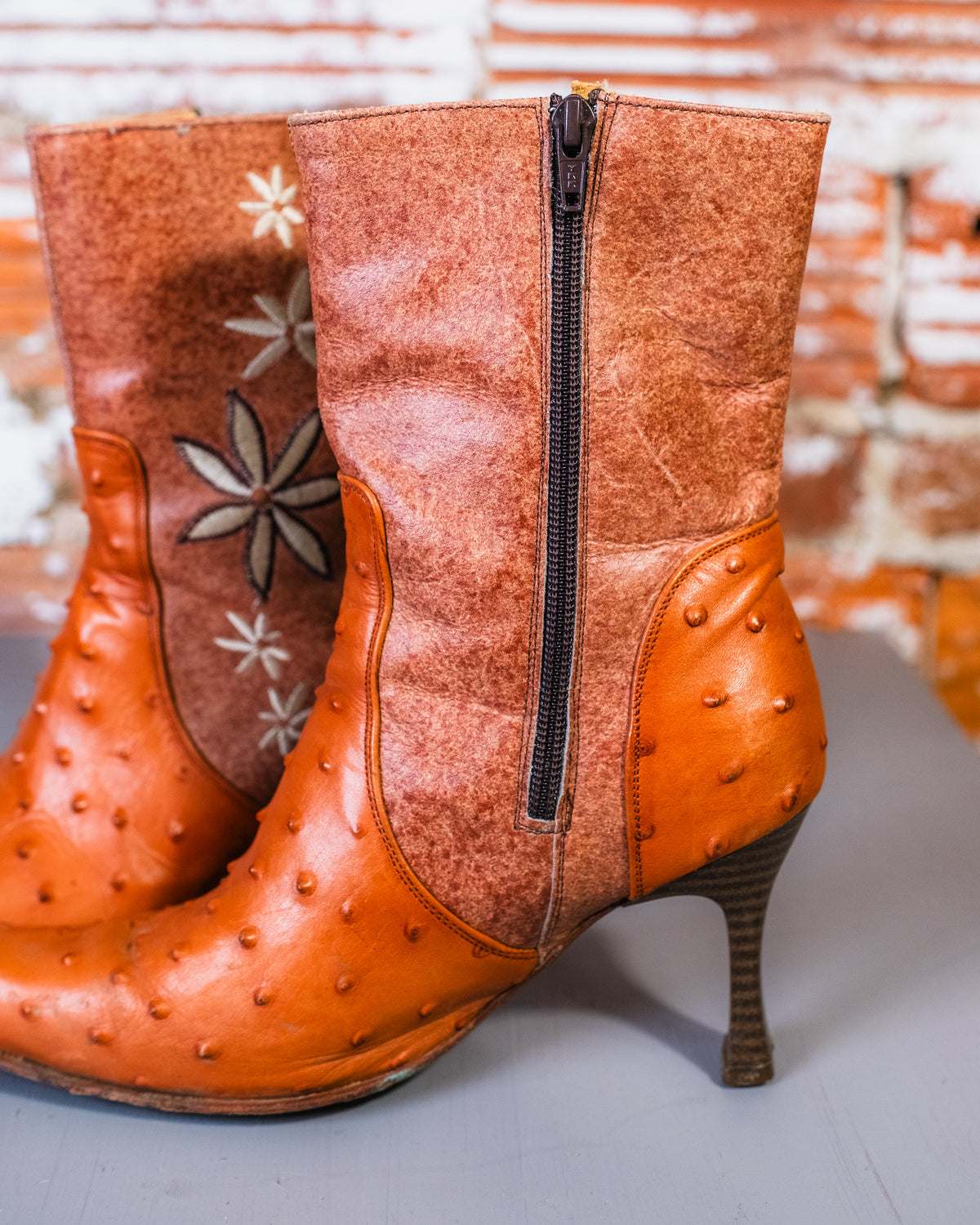 Vintage 1960's/70's Brown Cowhide & Ostrich Leather Floral Heeled Boots