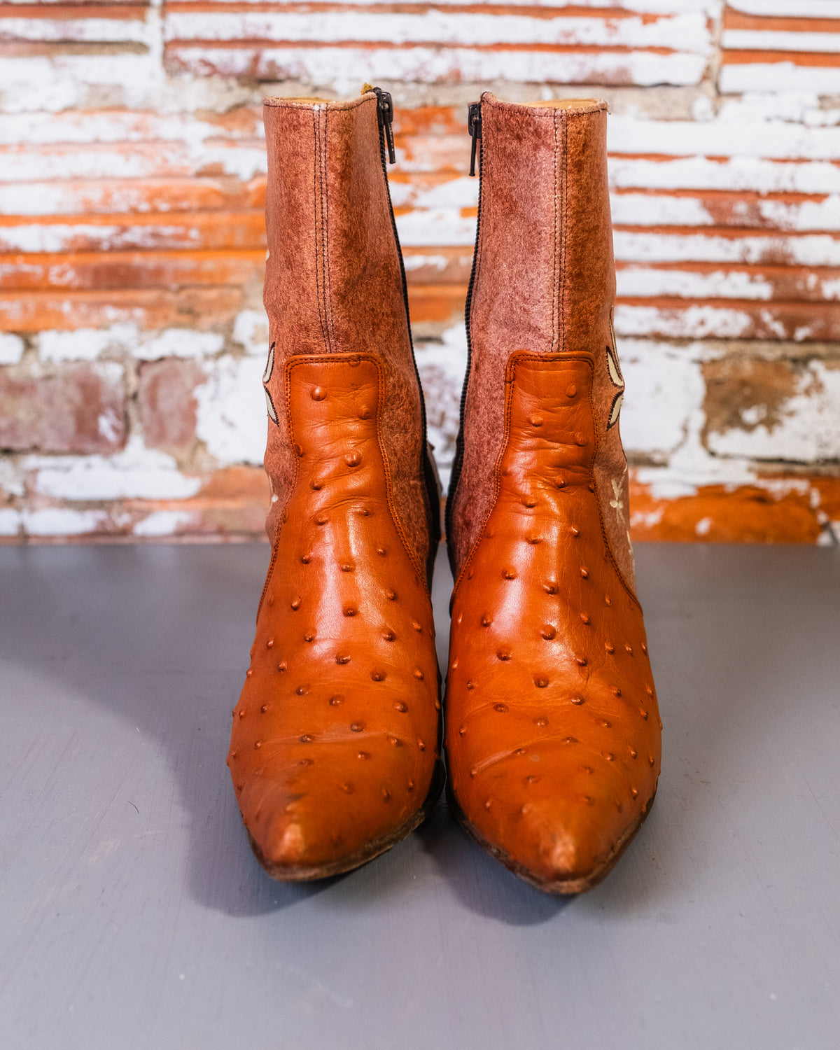 Vintage 1960's/70's Brown Cowhide & Ostrich Leather Floral Heeled Boots