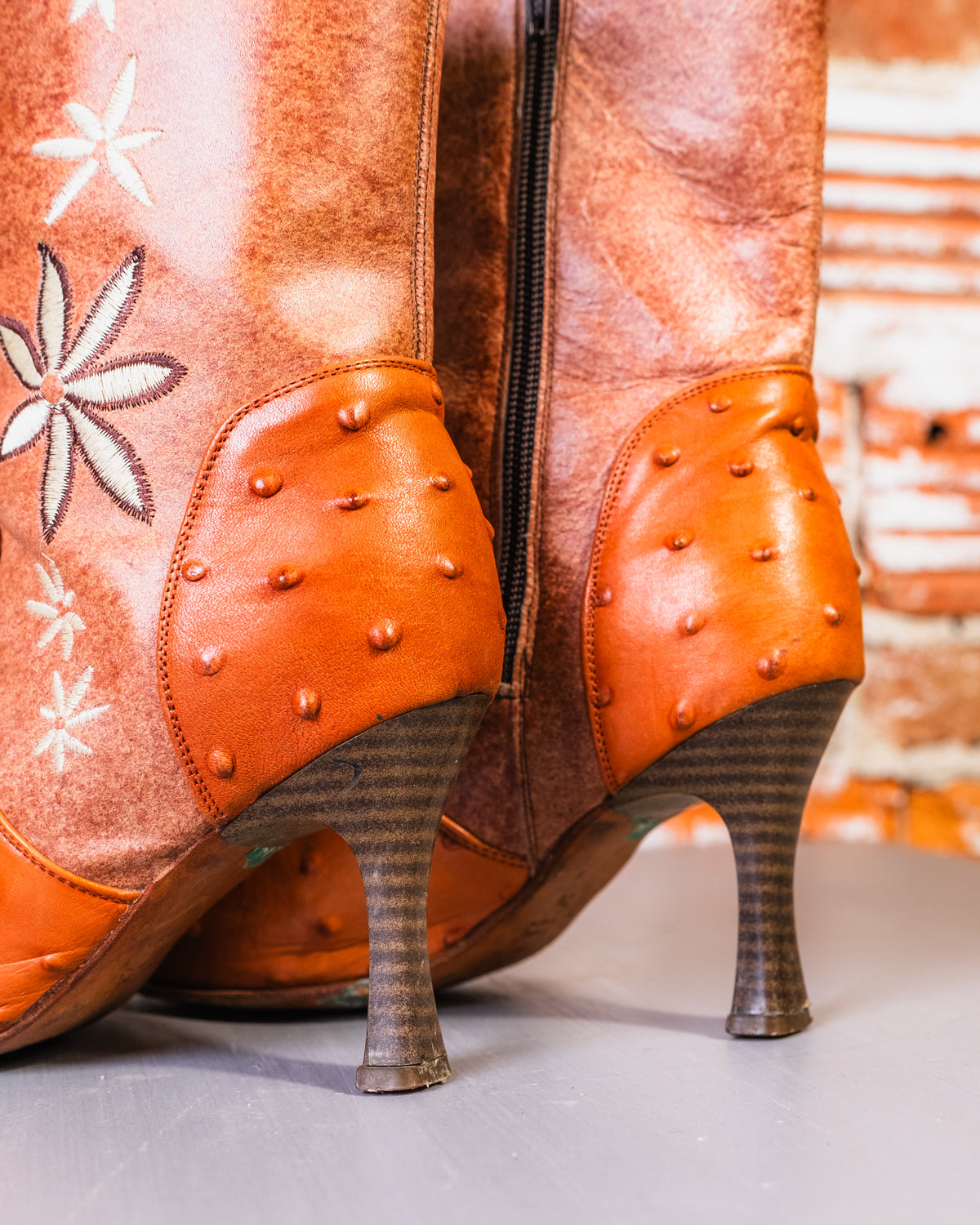 Vintage 1960's/70's Brown Cowhide & Ostrich Leather Floral Heeled Boots