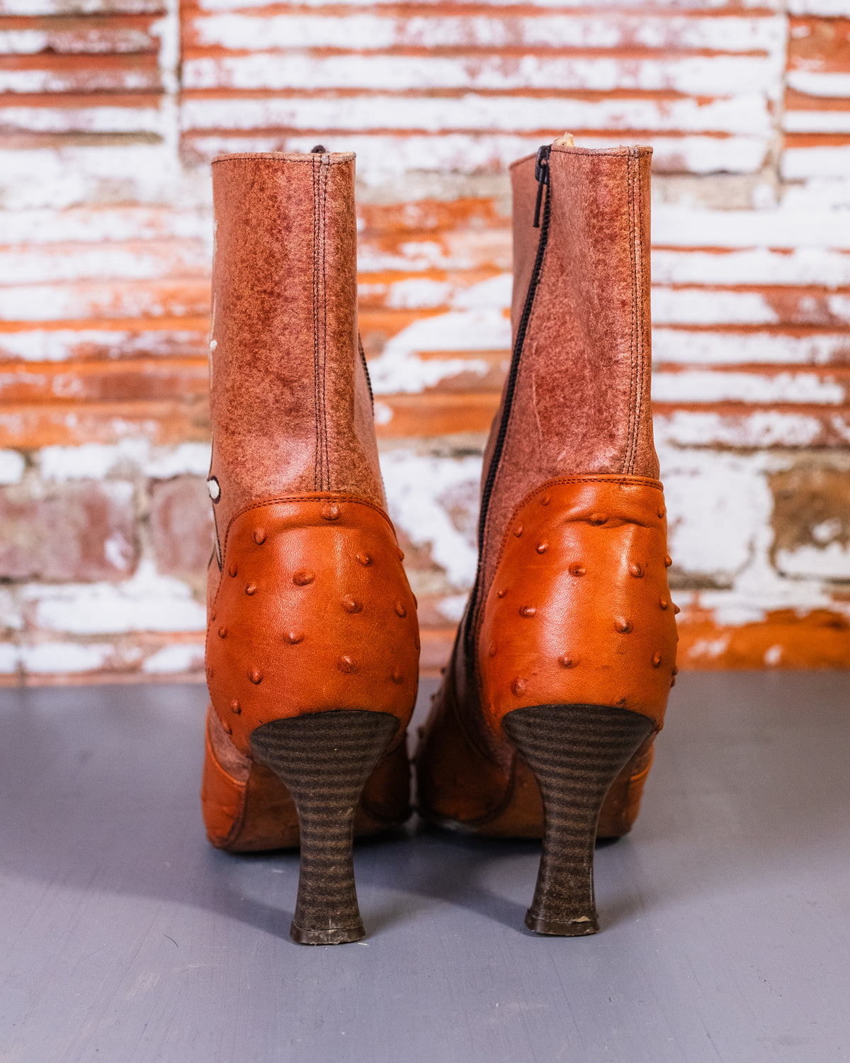 Vintage 1960's/70's Brown Cowhide & Ostrich Leather Floral Heeled Boots