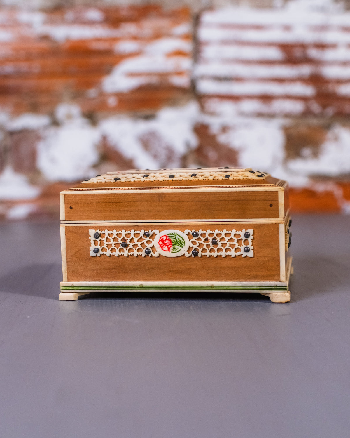 Vintage 1950's/60's Anglo-Indian Wood Floral Carved Bone Trinket Box