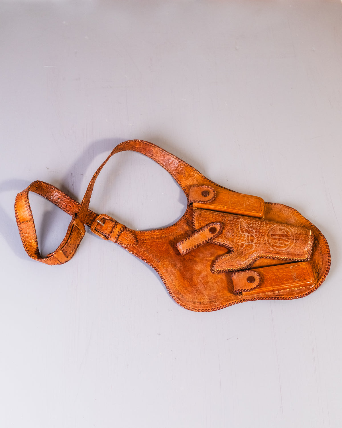 Vintage 1950's Handmade Leather Tooled Crossbody Gun Holster
