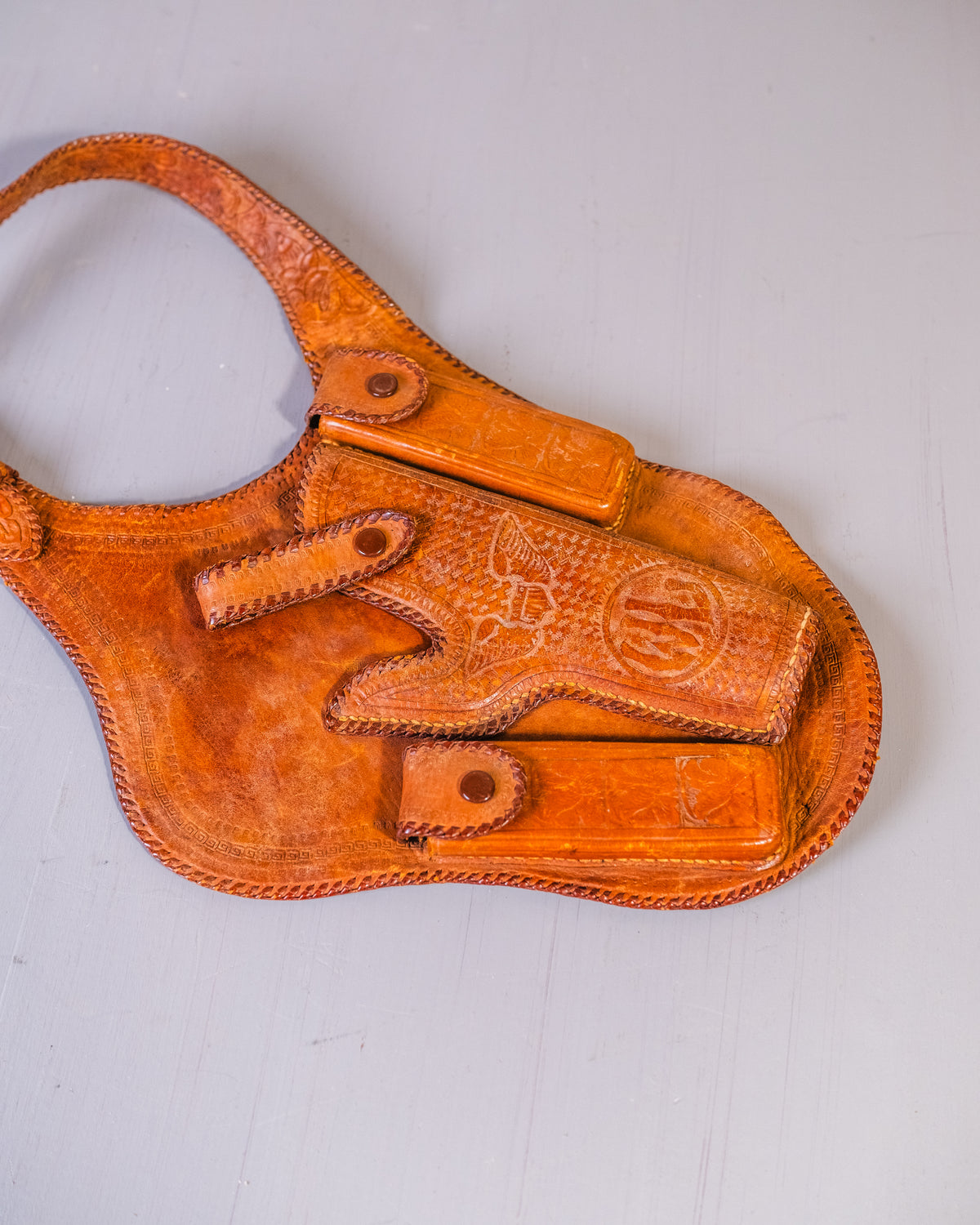 Vintage 1950's Handmade Leather Tooled Crossbody Gun Holster