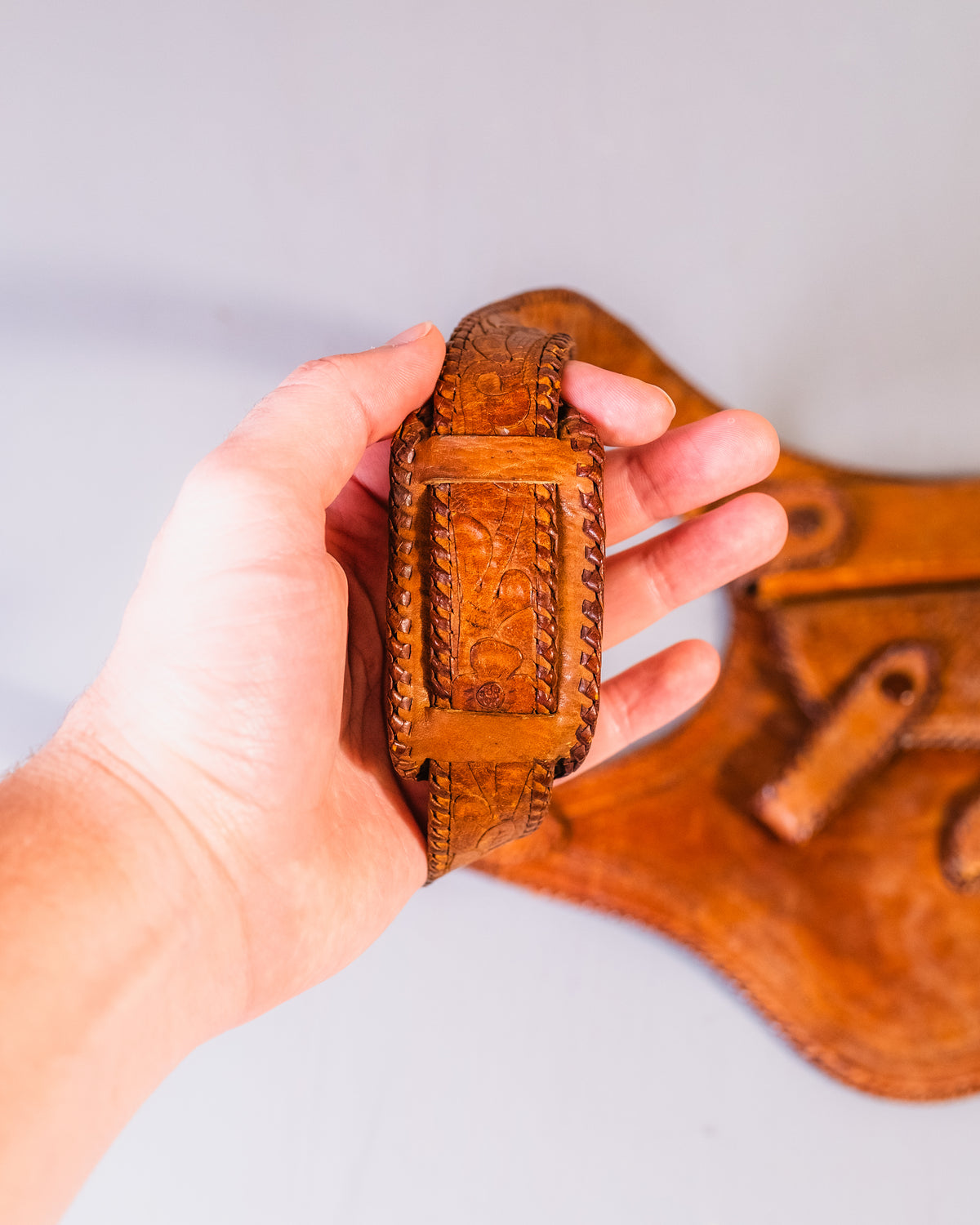 Vintage 1950's Handmade Leather Tooled Crossbody Gun Holster