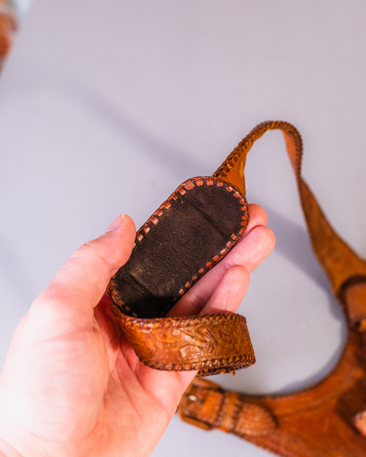 Vintage 1950's Handmade Leather Tooled Crossbody Gun Holster
