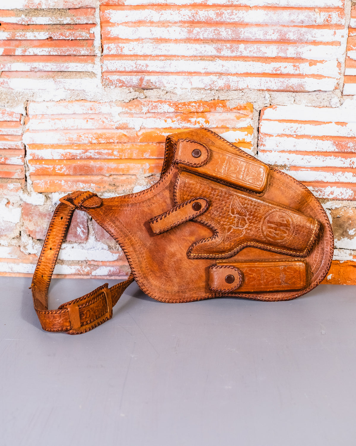 Vintage 1950's Handmade Leather Tooled Crossbody Gun Holster