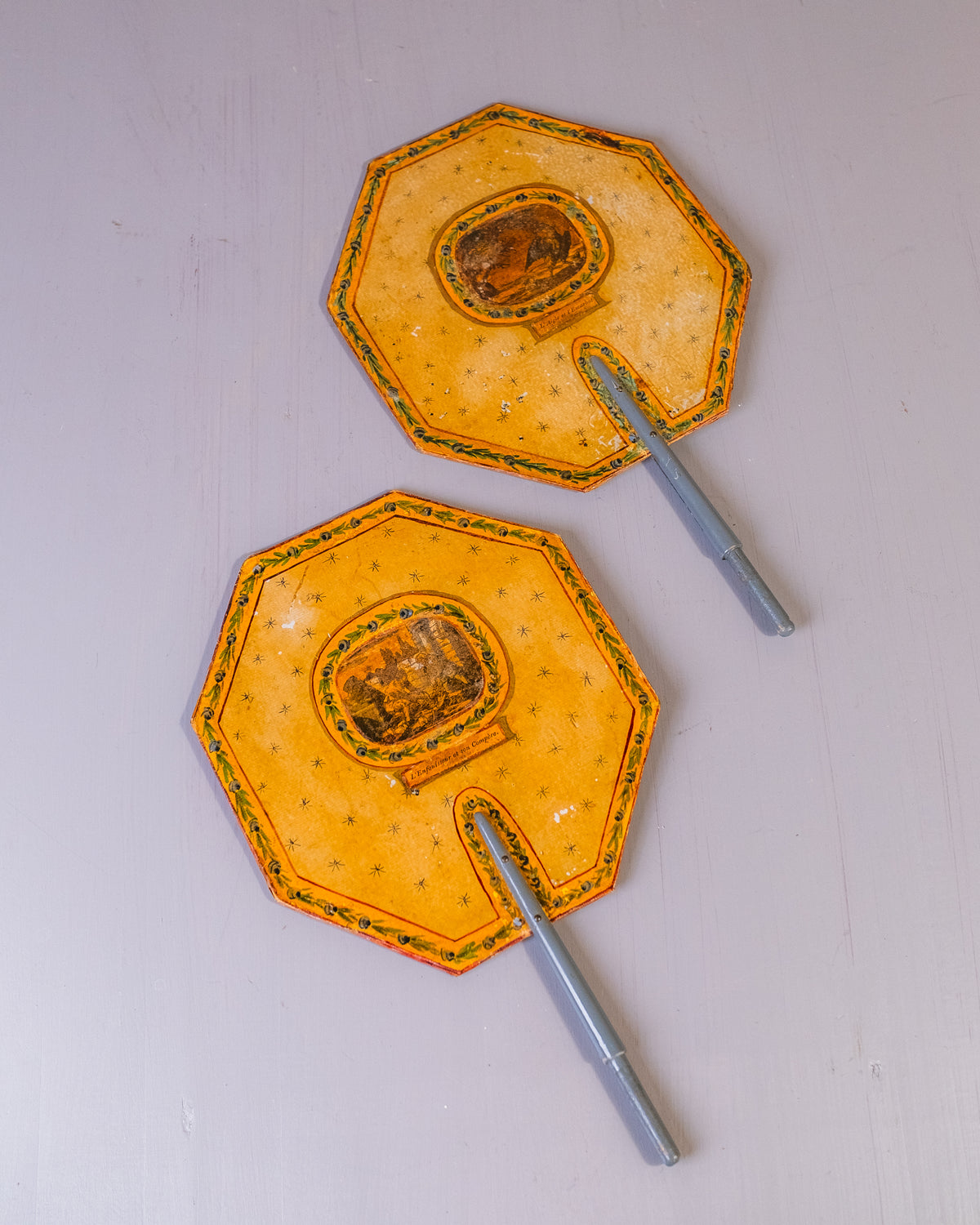 Antique Early 1800’s French Paper Maché Hand-Painted Screen Hand Fan Set