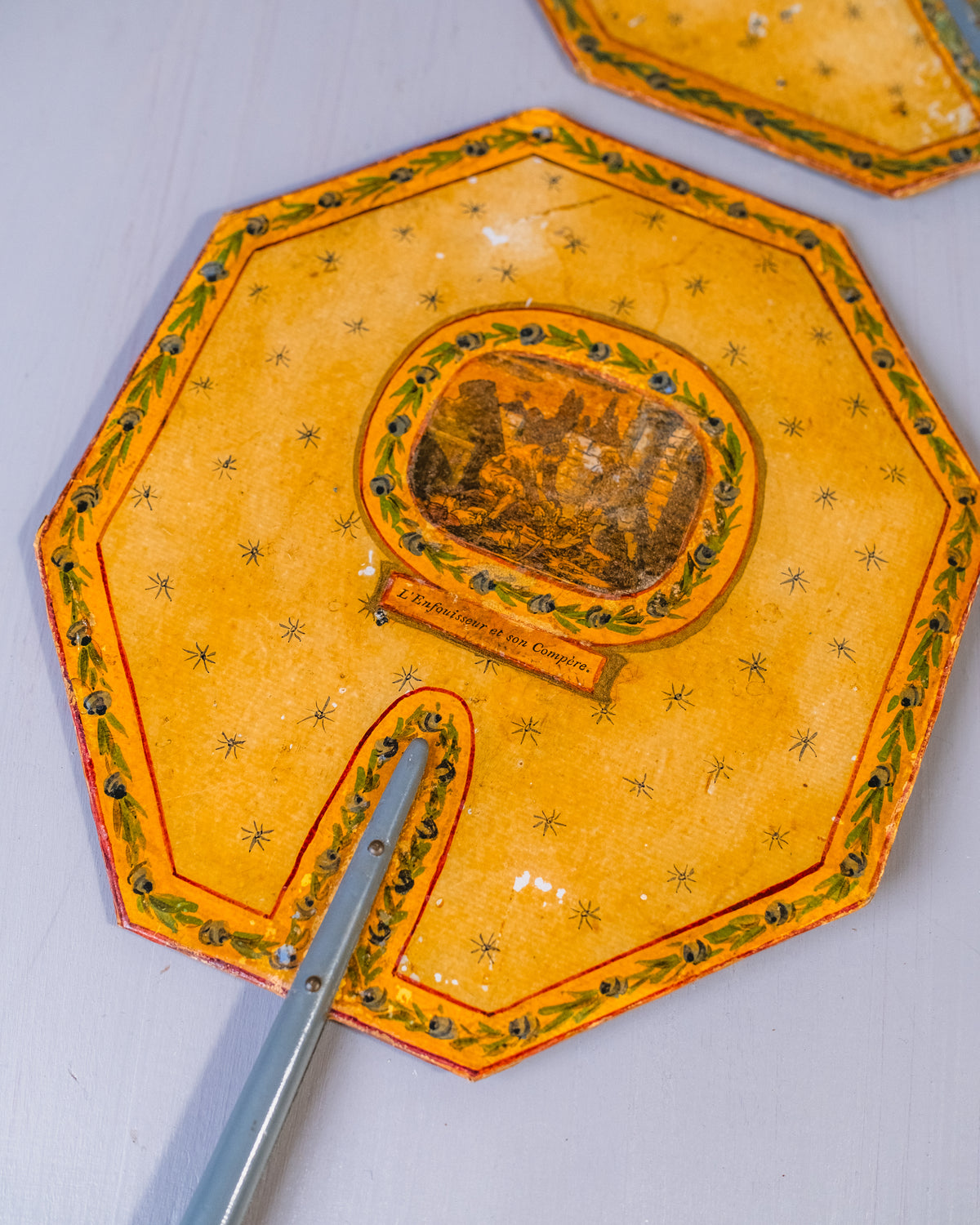Antique Early 1800’s French Paper Maché Hand-Painted Screen Hand Fan Set