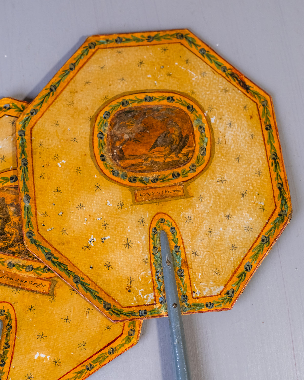 Antique Early 1800’s French Paper Maché Hand-Painted Screen Hand Fan Set