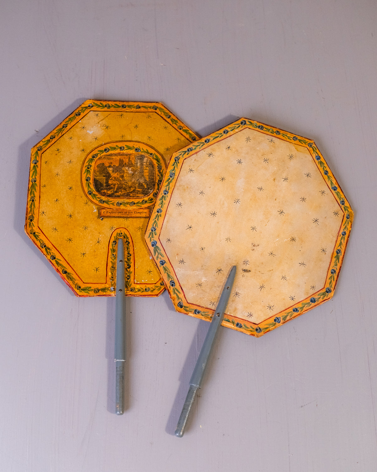 Antique Early 1800’s French Paper Maché Hand-Painted Screen Hand Fan Set