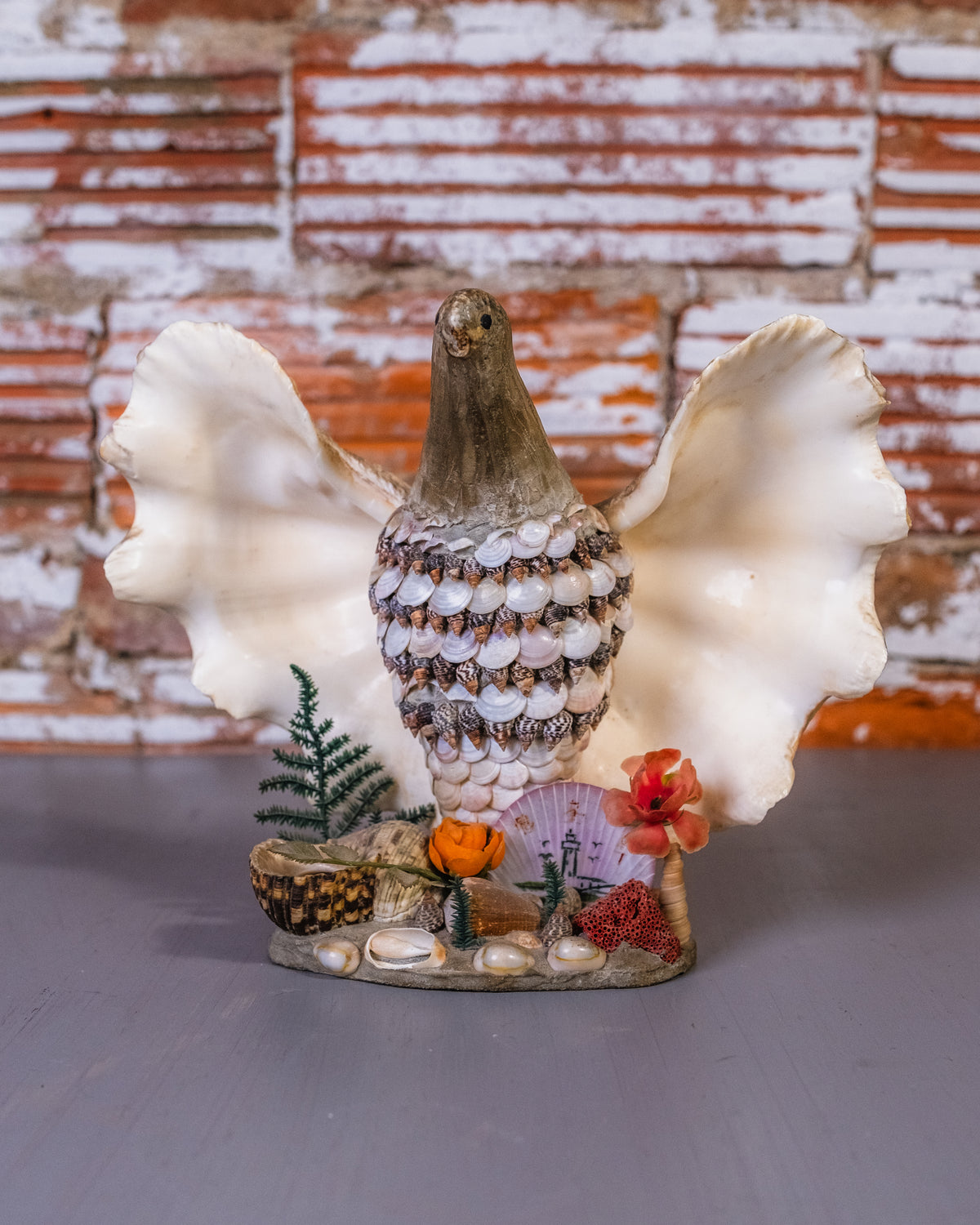 Vintage 1960's Signed Seashell Bird Folk Art Statue