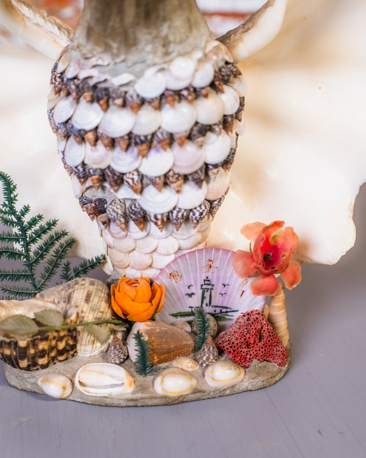 Vintage 1960's Signed Seashell Bird Folk Art Statue