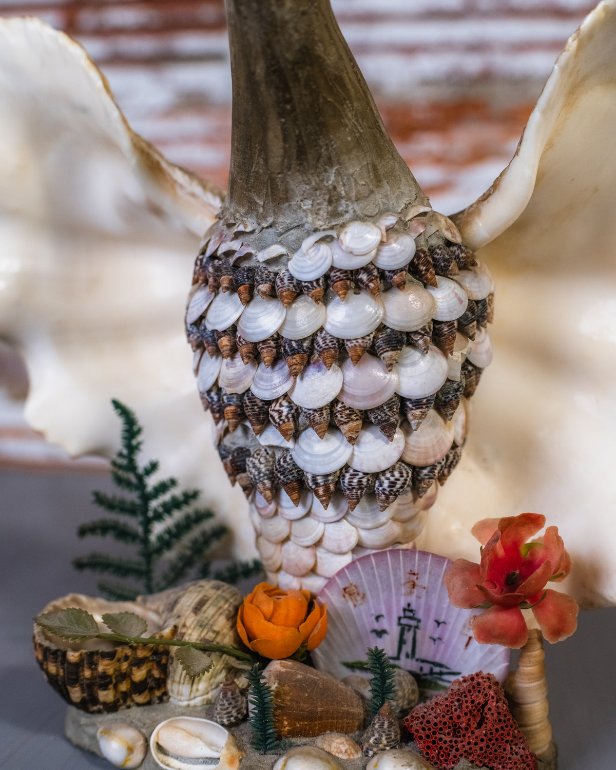Vintage 1960's Signed Seashell Bird Folk Art Statue