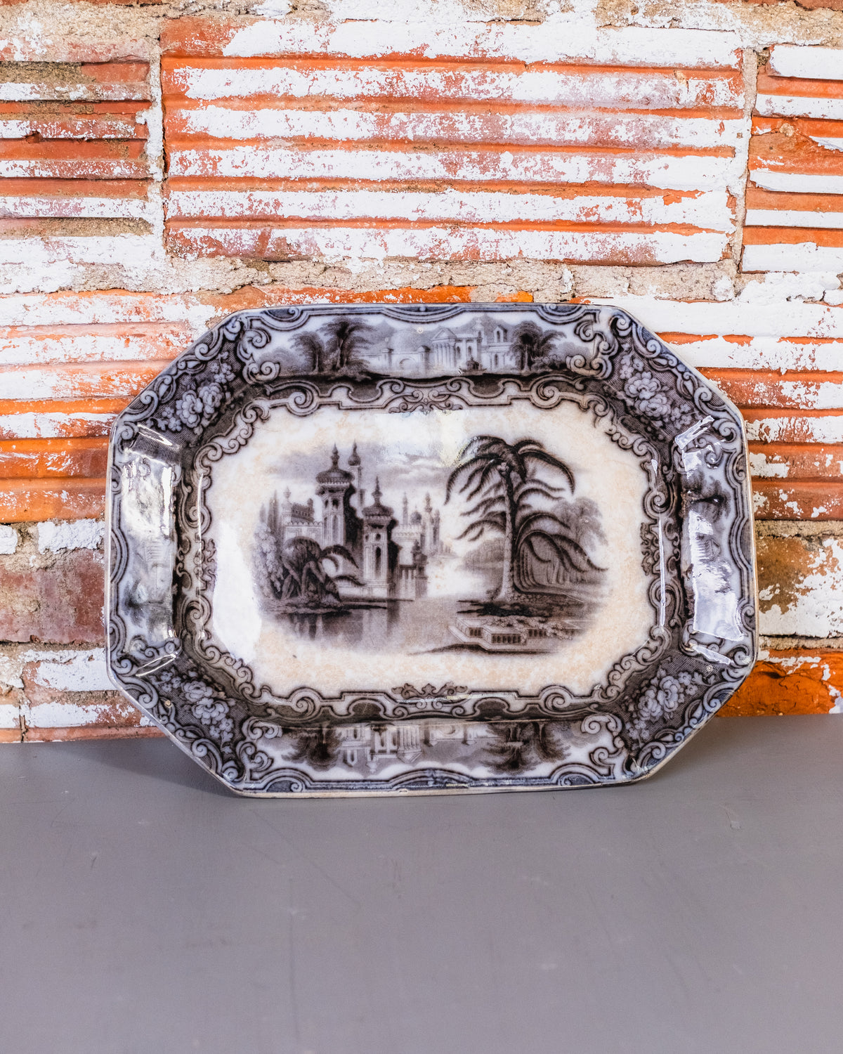 Antique 1800's Black & White  E. Challinor "Calcutta" Dinner Platter