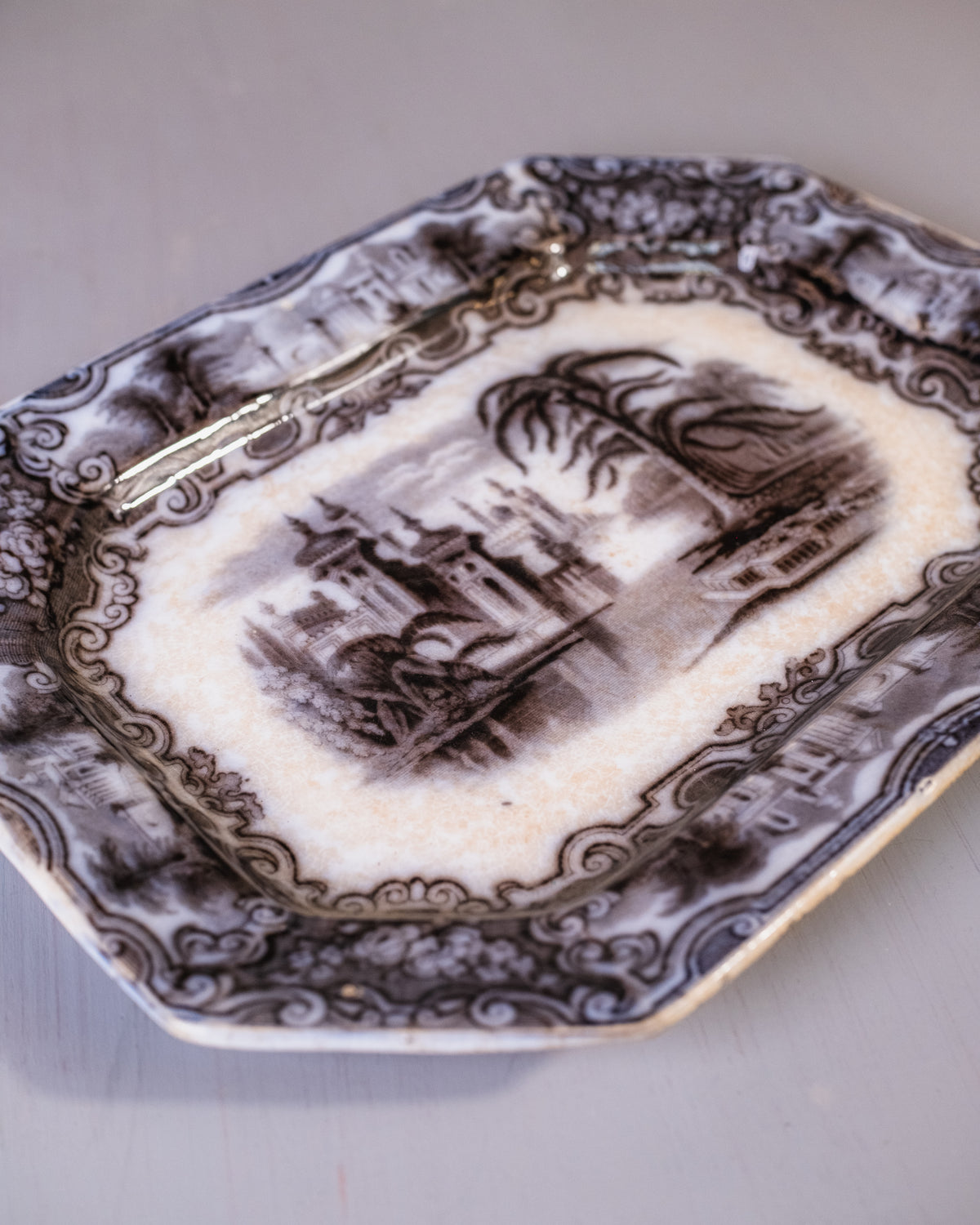 Antique 1800's Black & White  E. Challinor "Calcutta" Dinner Platter