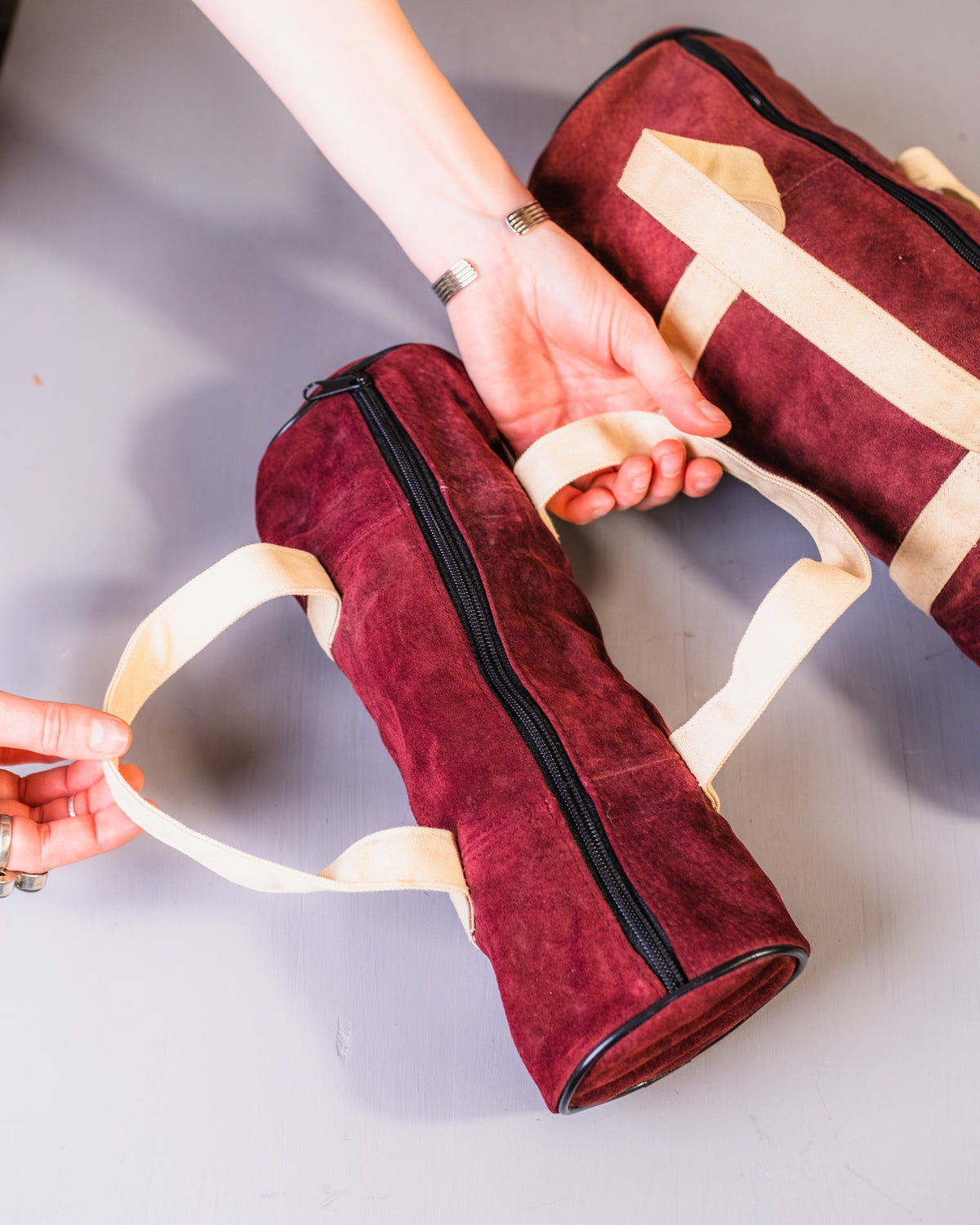 Vintage 1960's Burgundy Leather Small Duffle Bag Set