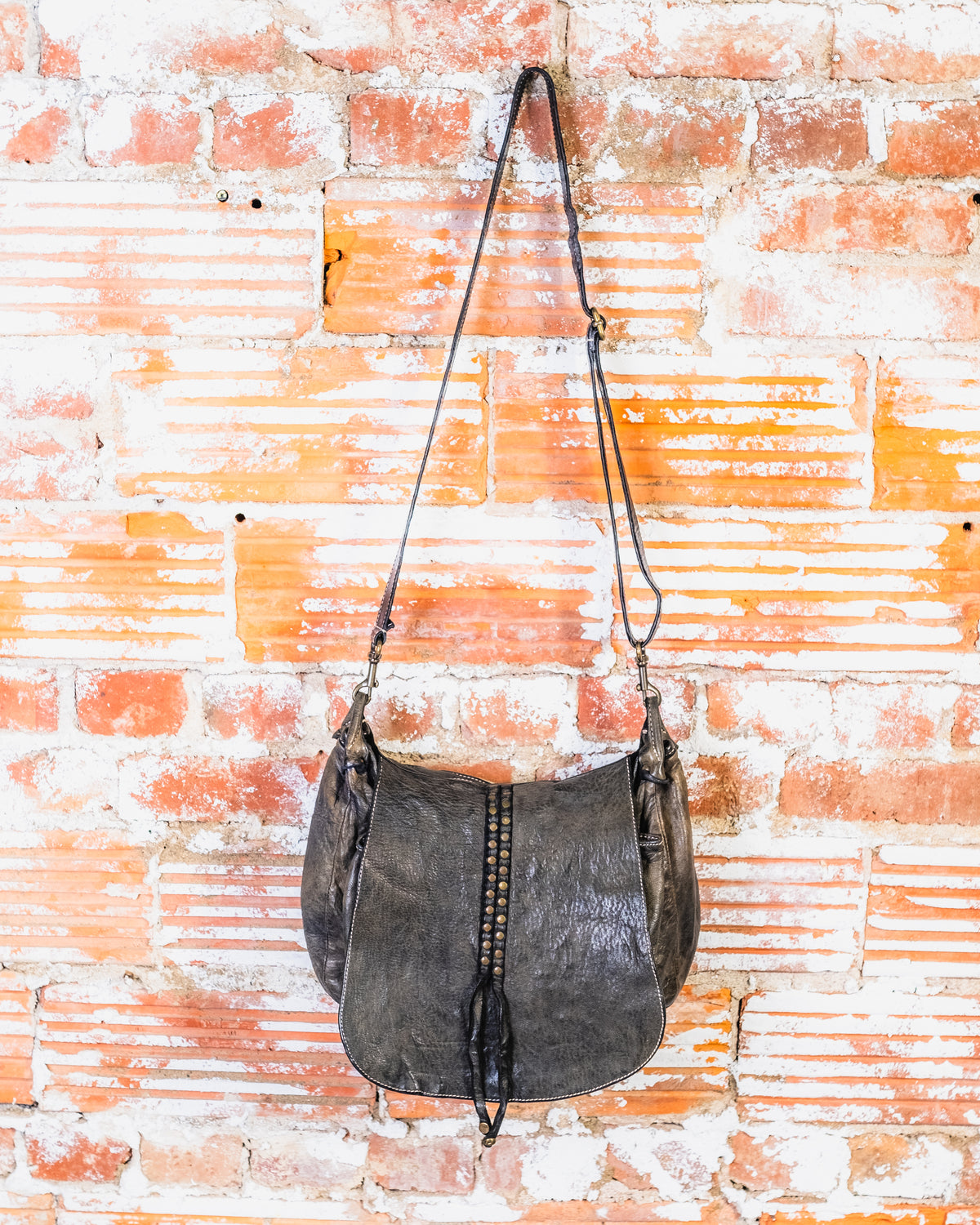 Vintage Black Leather Satchel Crossbody Bag