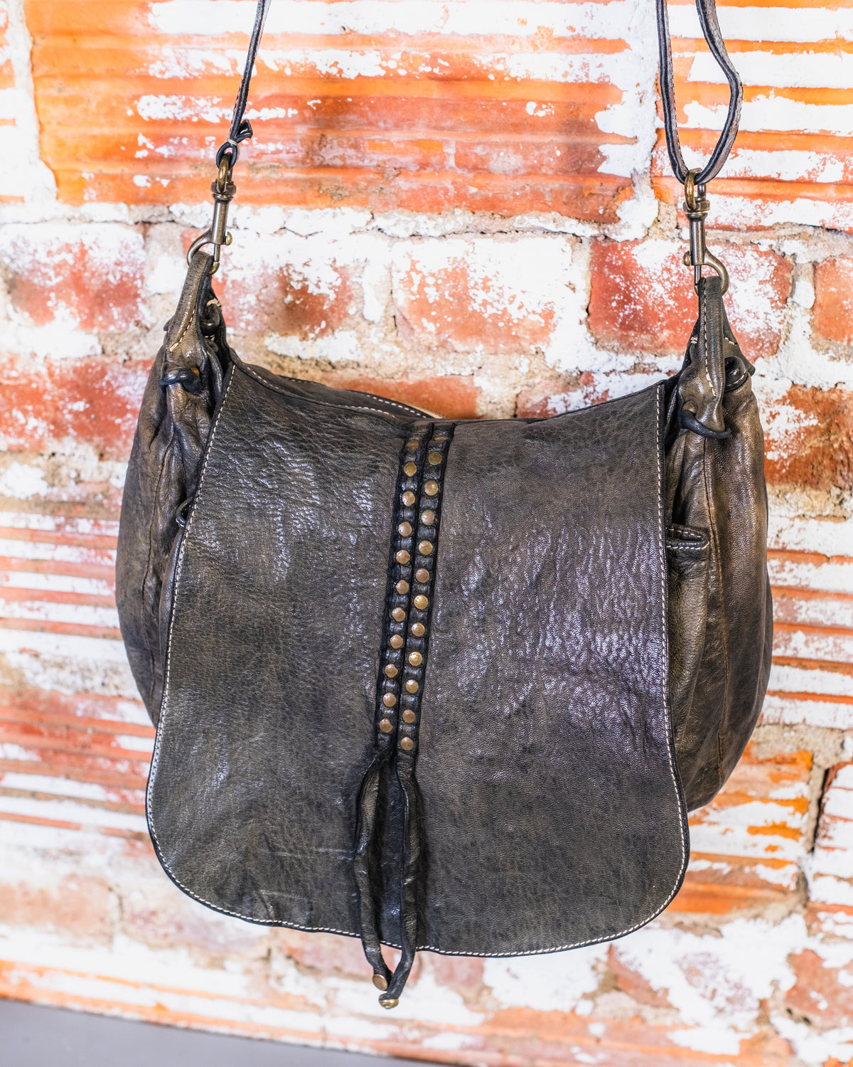 Vintage Black Leather Satchel Crossbody Bag