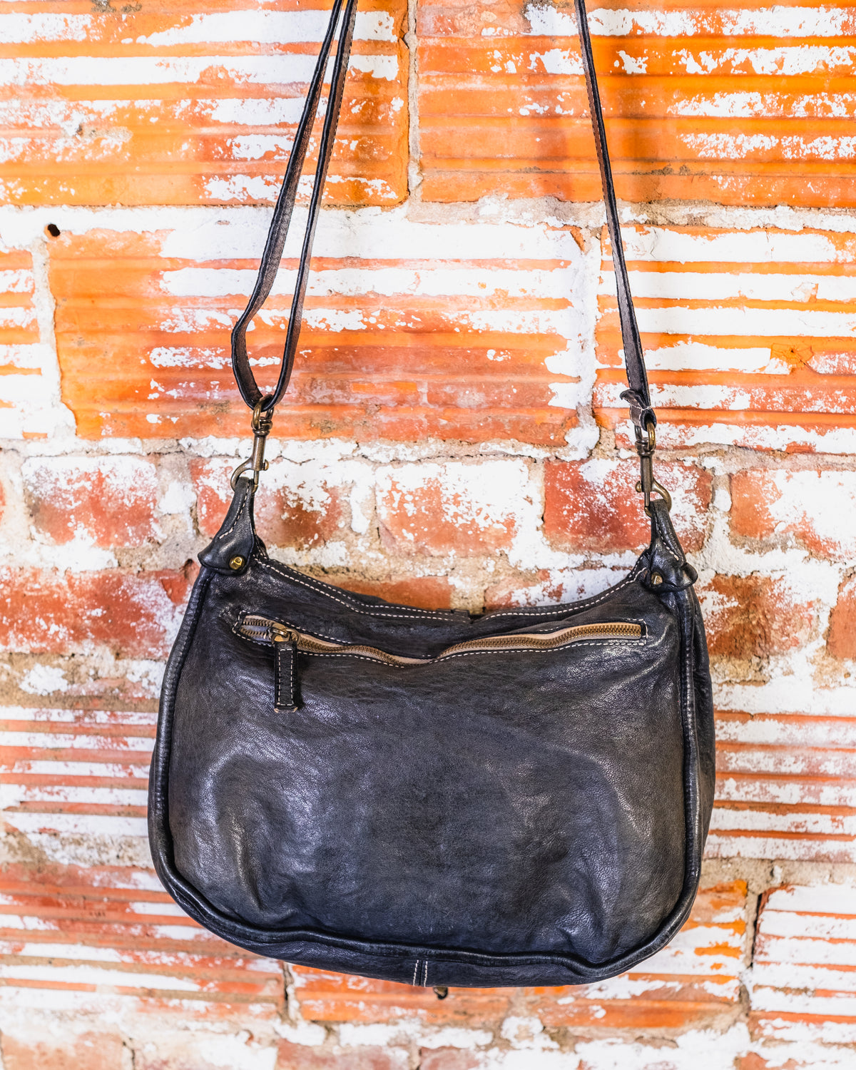 Vintage Black Leather Satchel Crossbody Bag