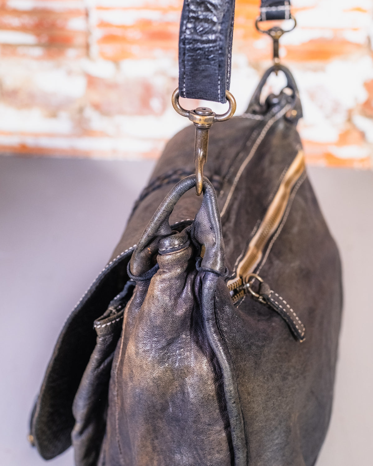 Vintage Black Leather Satchel Crossbody Bag
