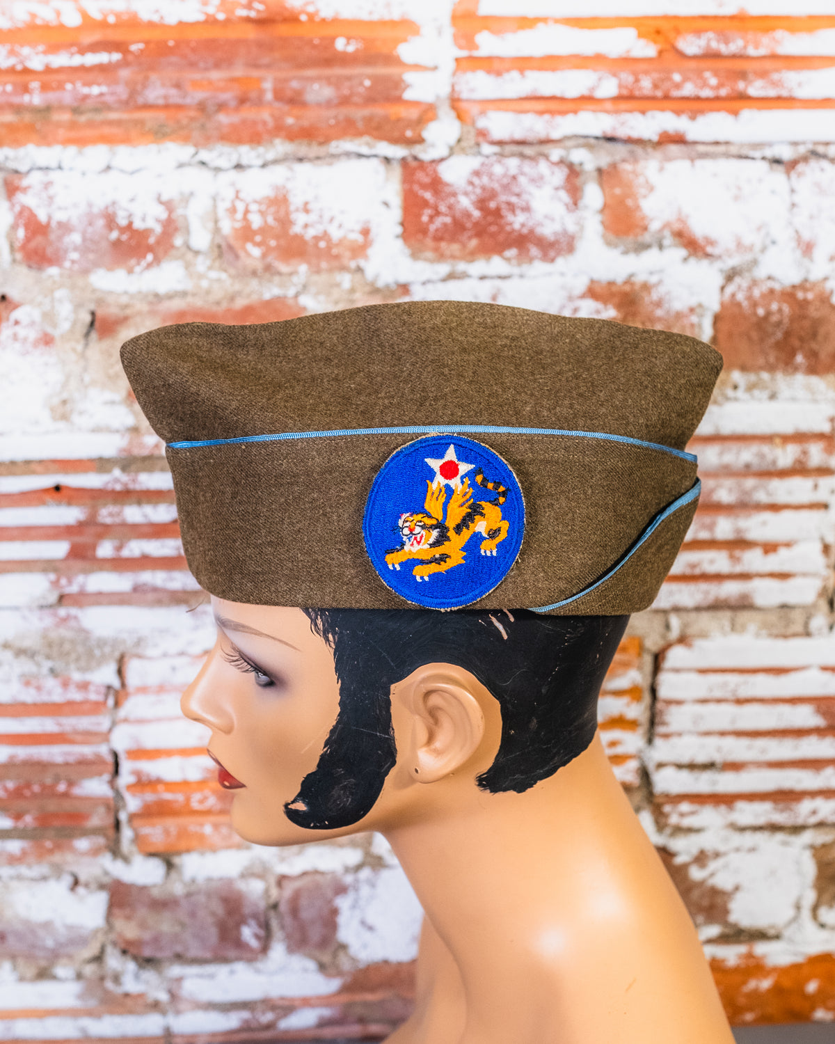 Vintage 1940's WW2 Green Wool Patched Military Cap