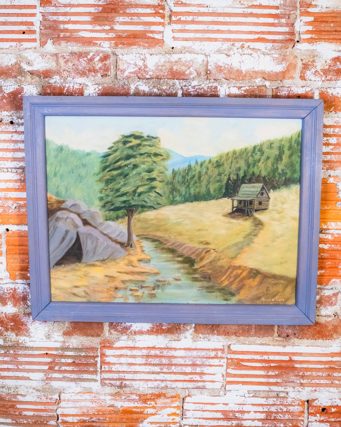 Vintage 1970s Framed Farm & Stream Landscape Oil Painting