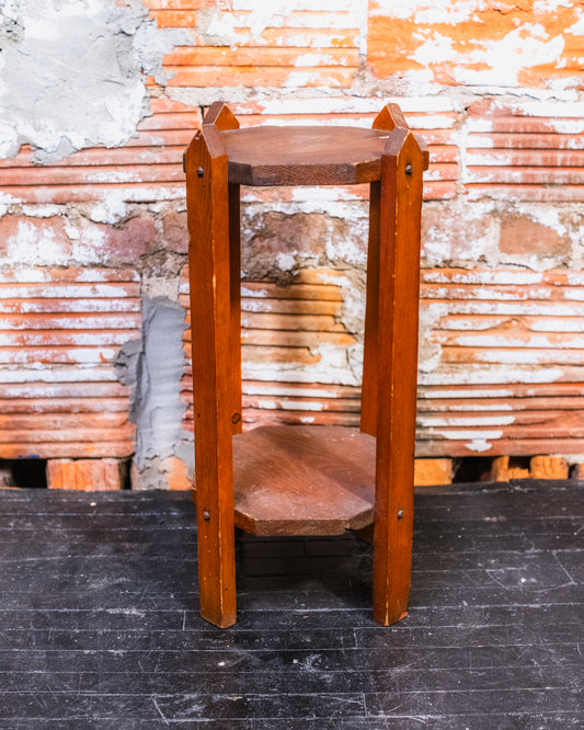 Vintage Mission-Style Handmade Wooden Two-Tier Plant Stand
