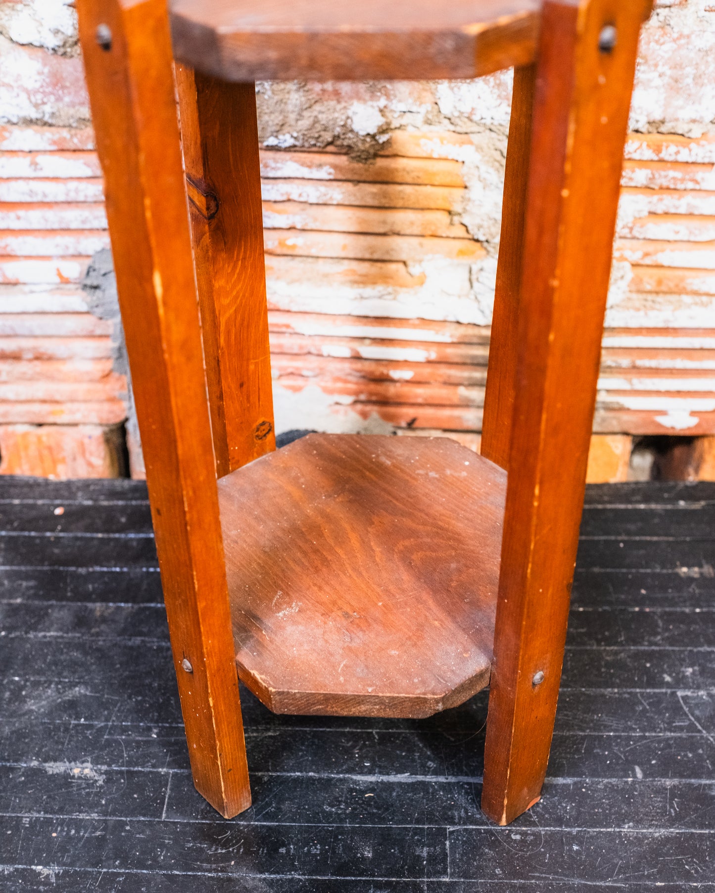 Vintage Mission-Style Handmade Wooden Two-Tier Plant Stand
