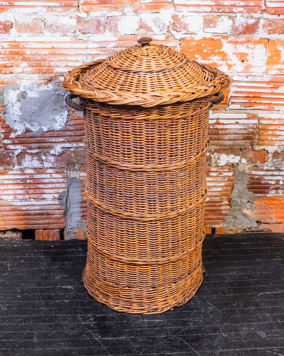 Vintage Rattan Lidded Hamper Basket