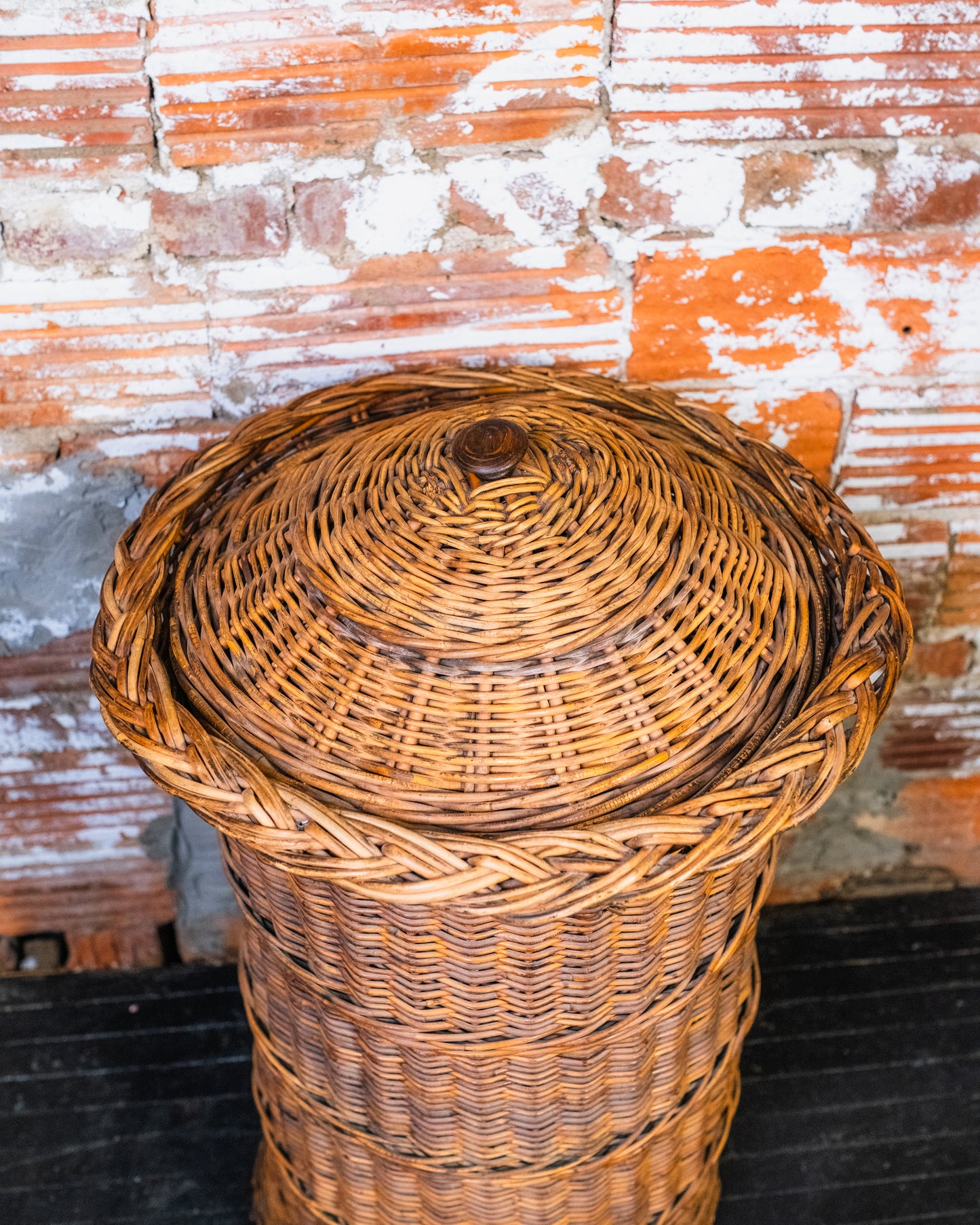 Vintage Rattan Lidded Hamper Basket