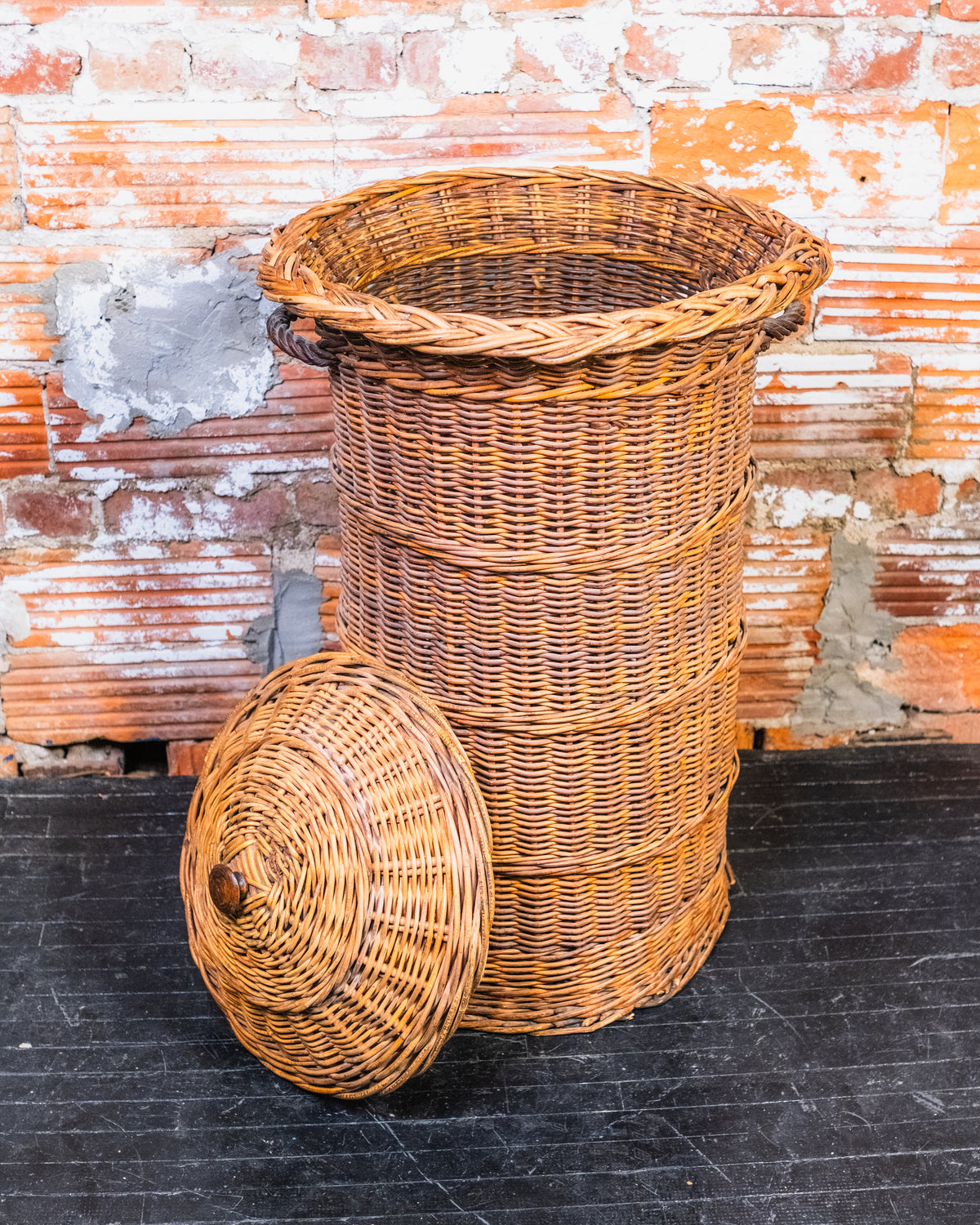 Vintage Rattan Lidded Hamper Basket
