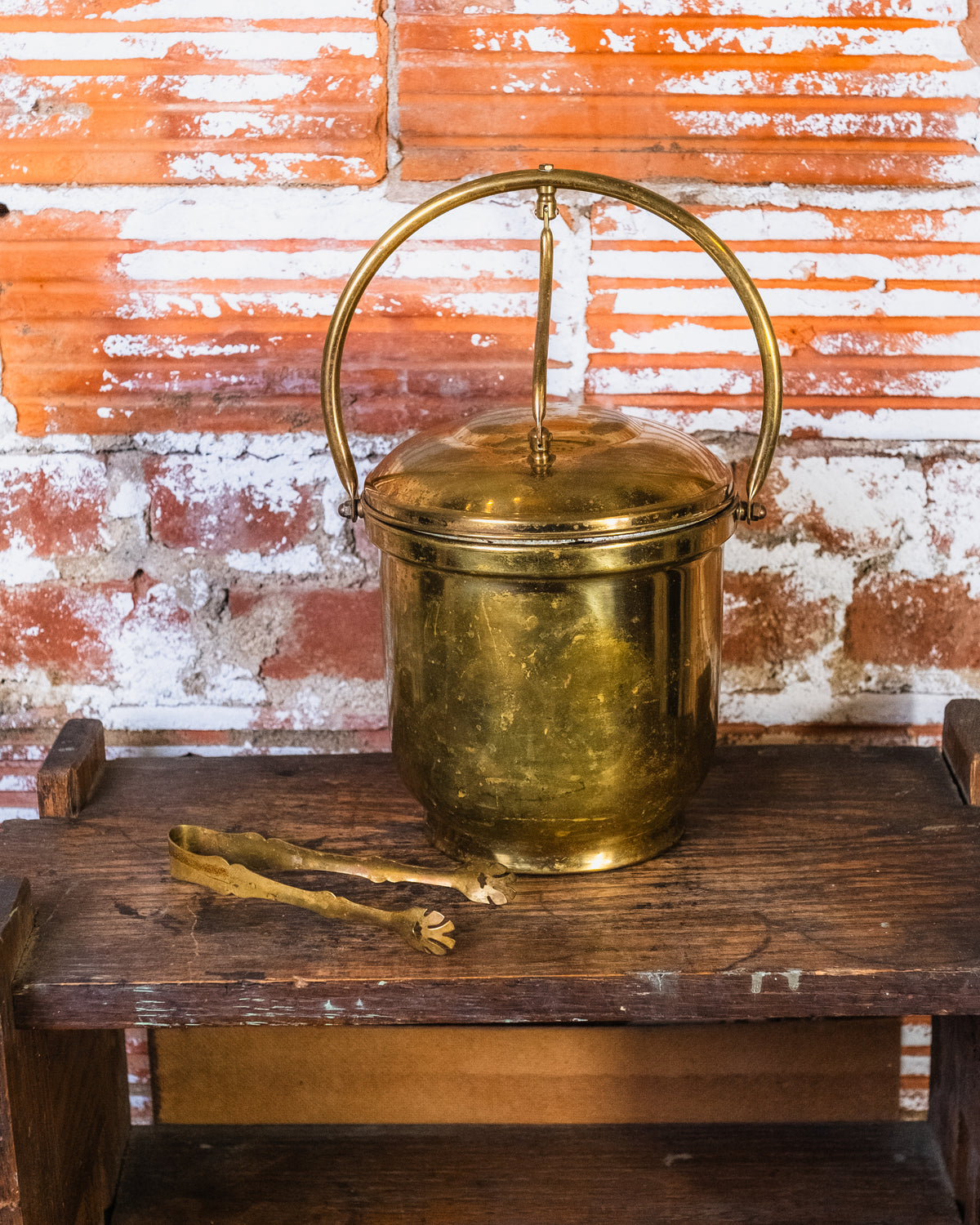 Vintage Brass Levered Ice Bucket w/ Tongs