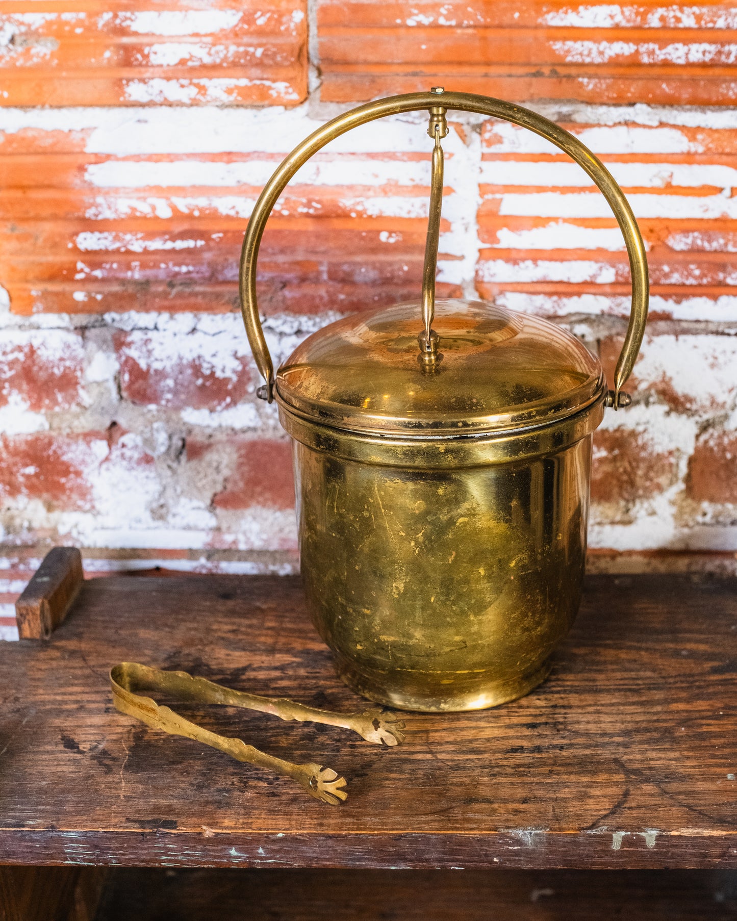 Vintage Brass Levered Ice Bucket w/ Tongs