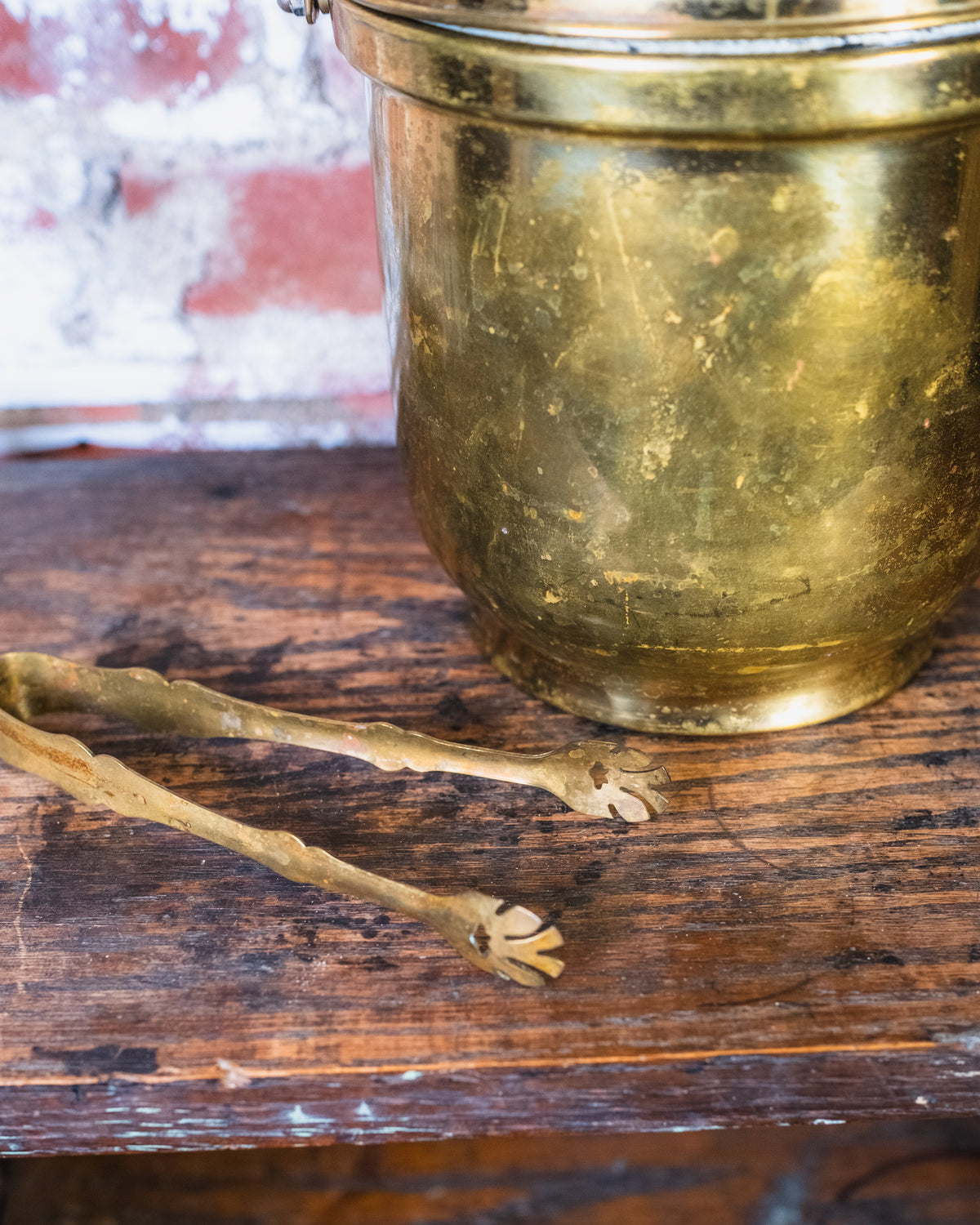Vintage Brass Levered Ice Bucket w/ Tongs