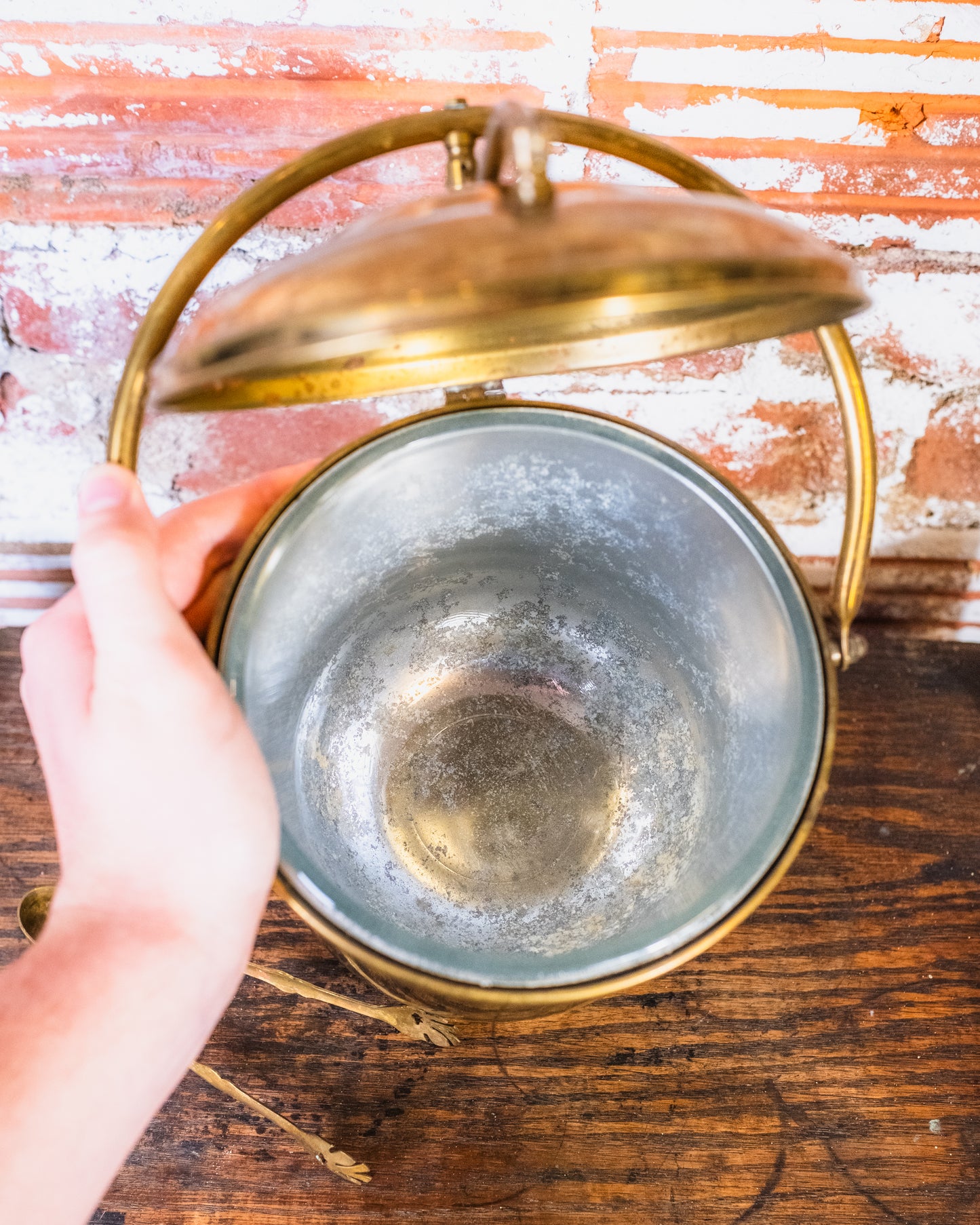 Vintage Brass Levered Ice Bucket w/ Tongs