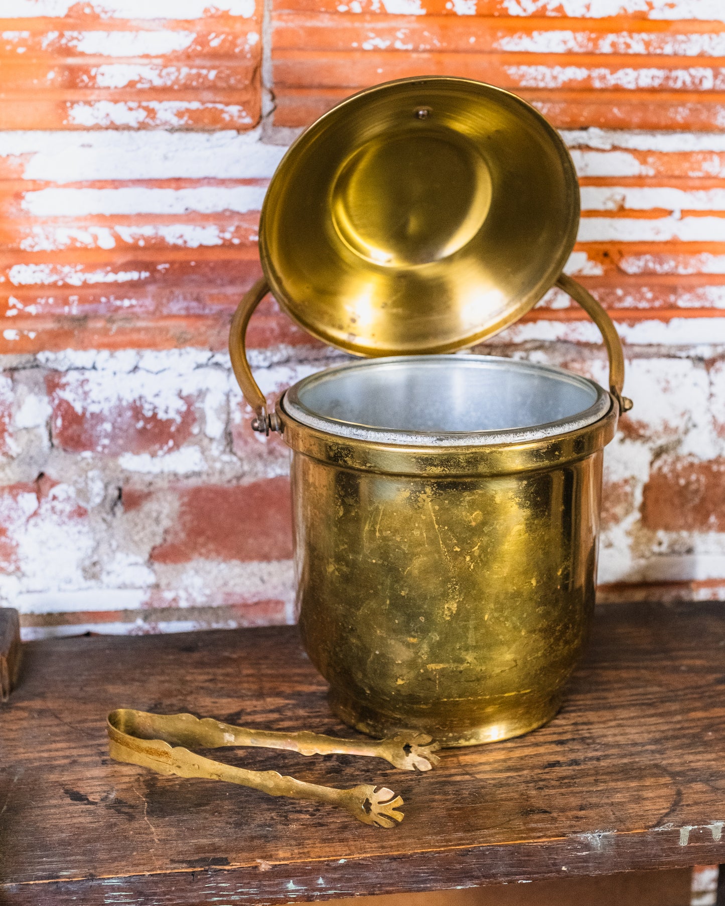 Vintage Brass Levered Ice Bucket w/ Tongs