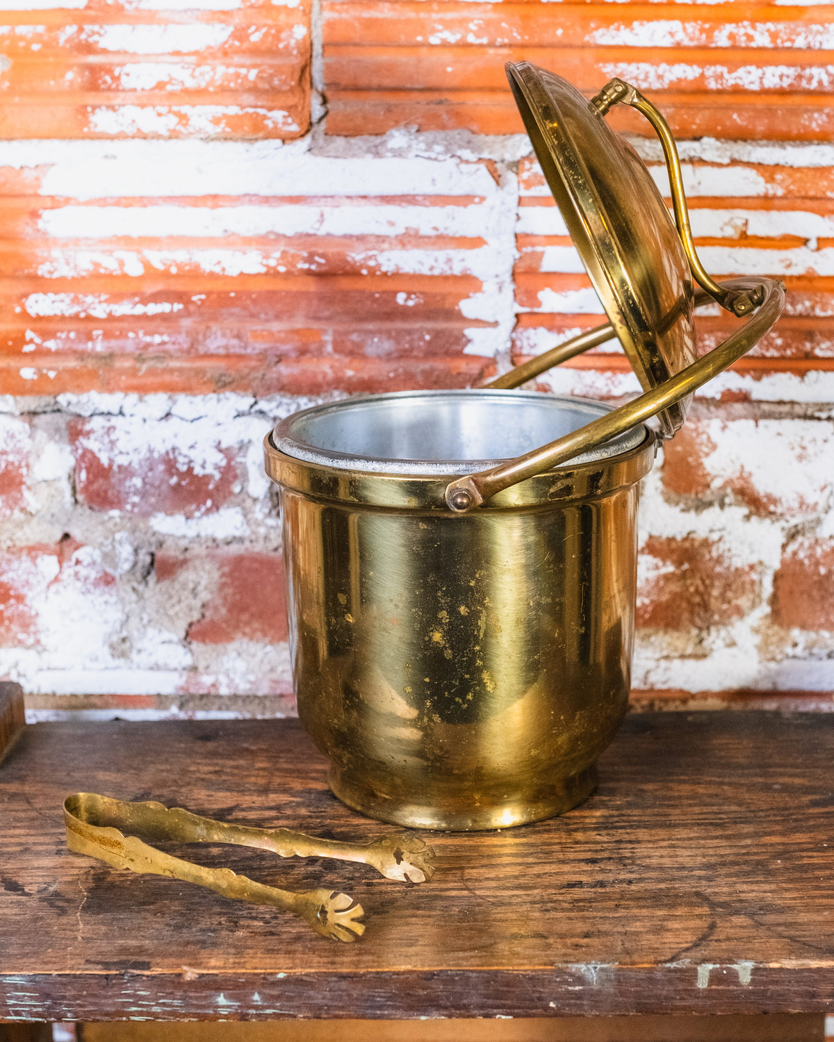 Vintage Brass Levered Ice Bucket w/ Tongs